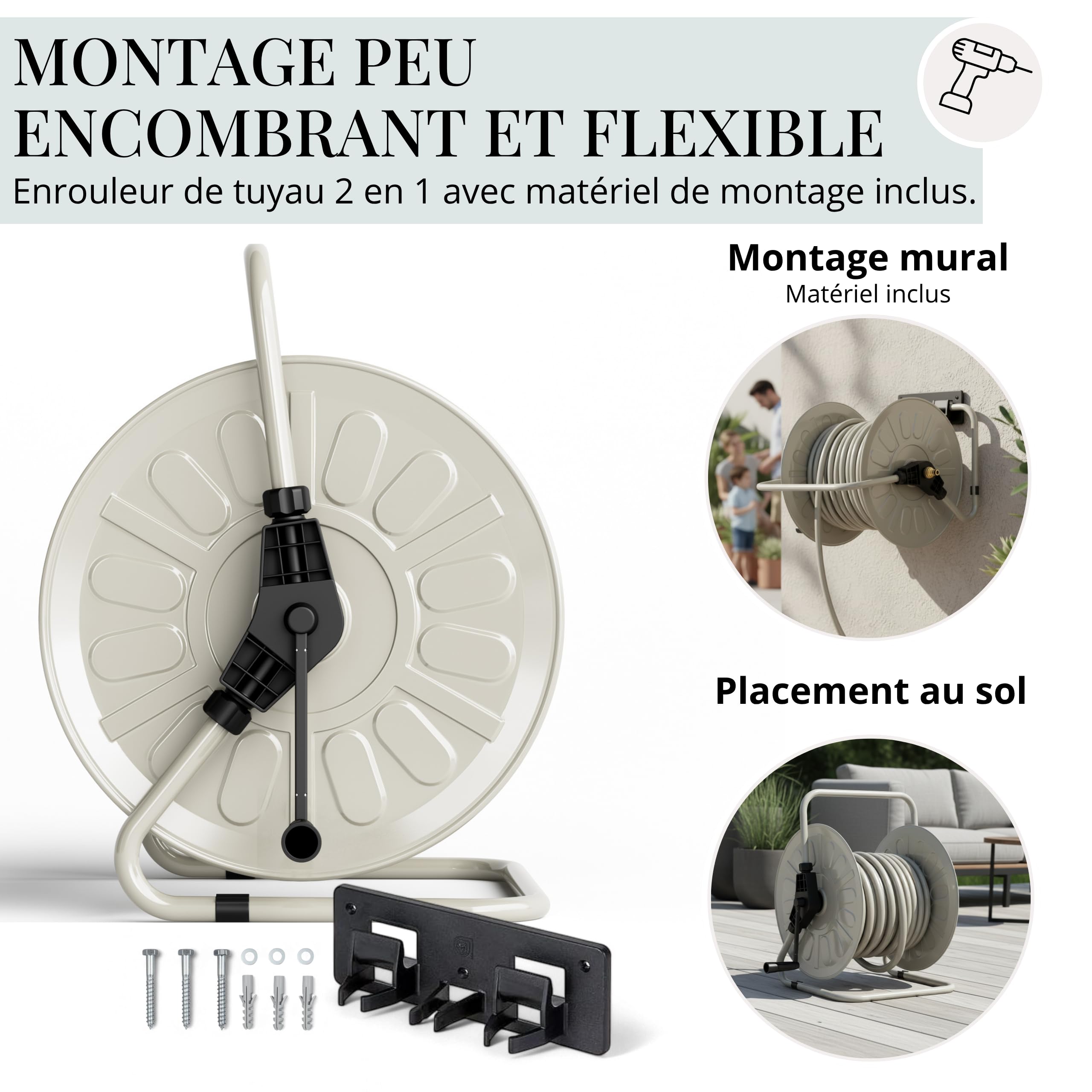 LIVLIG - Avvolgitubo in metallo, fino a 50 metri, tubo da giardino, 1/2", supporto per tubo da giardino, per montaggio a parete, Greige