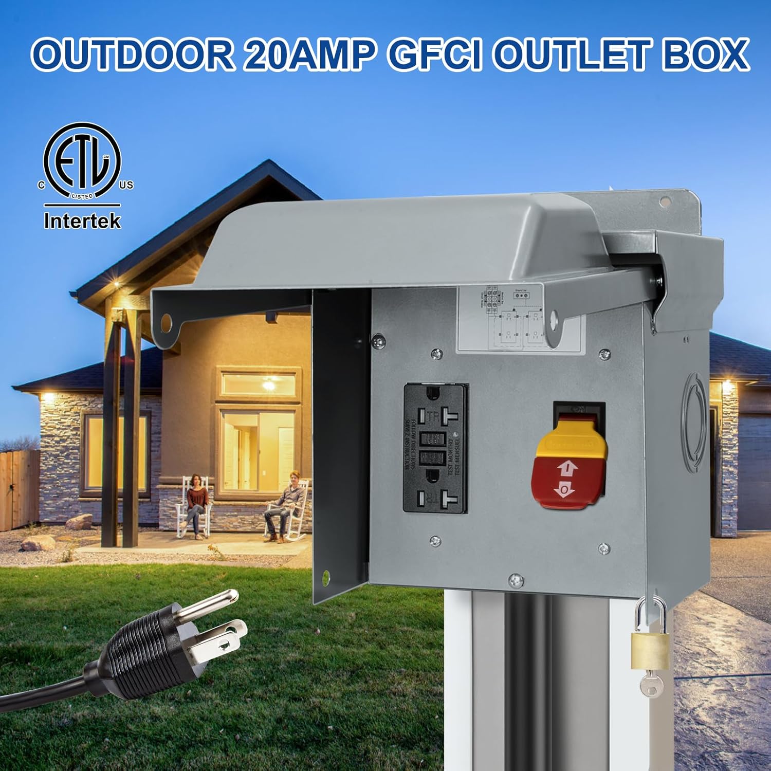 Outdoor Electrical Outlet with Safety Switch - Prewired Metal Outdoor Electrical Outlet Box with 20 AMP GFCI Receptacle and Waterproof 3R Cover - Weatherproof Power Switch Box for Backyard