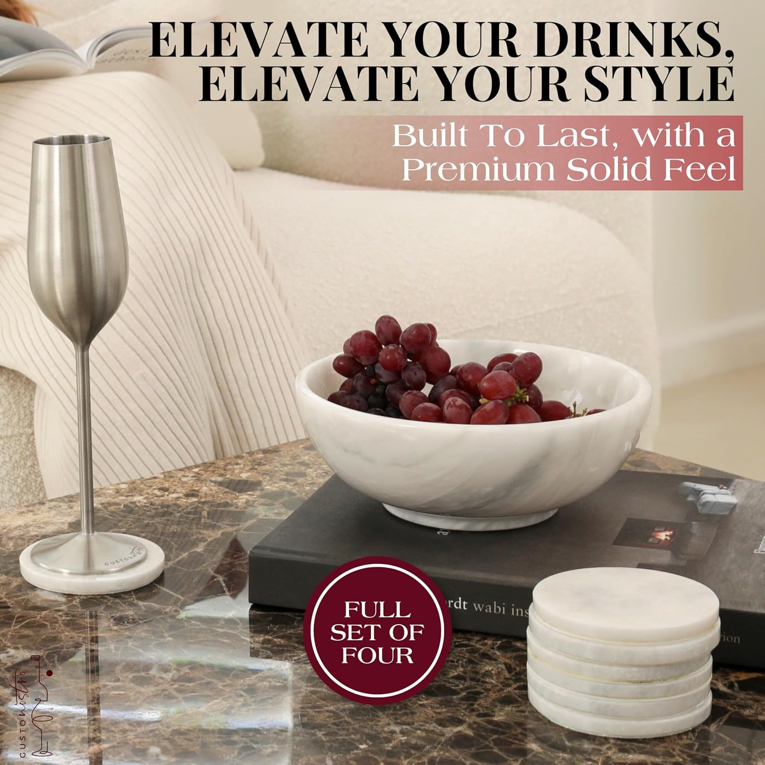 Gusto Nostro White Marble Coasters Set of 4 - Luxury Natural Stone Coasters for Drinks - Genuine Marble Kitchen Accessories, Round Artisanal Stone Coaster for Kitchen Counter, Coffee Table, Home Decor