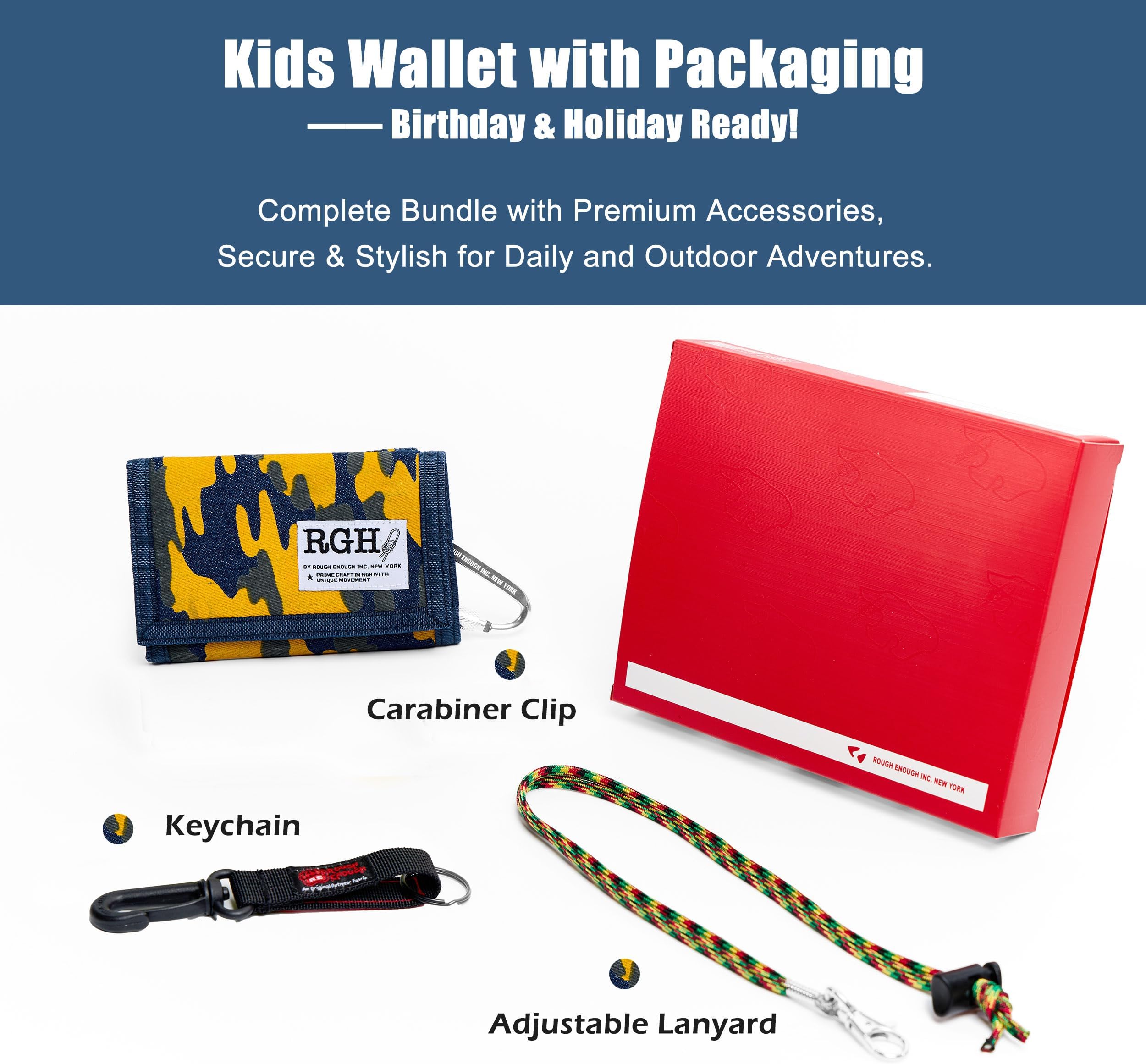 Rough Enough Kids Wallet for Teen Boys with Neck Lanyard Keychain Blue Yellow Camo Canvas Casual