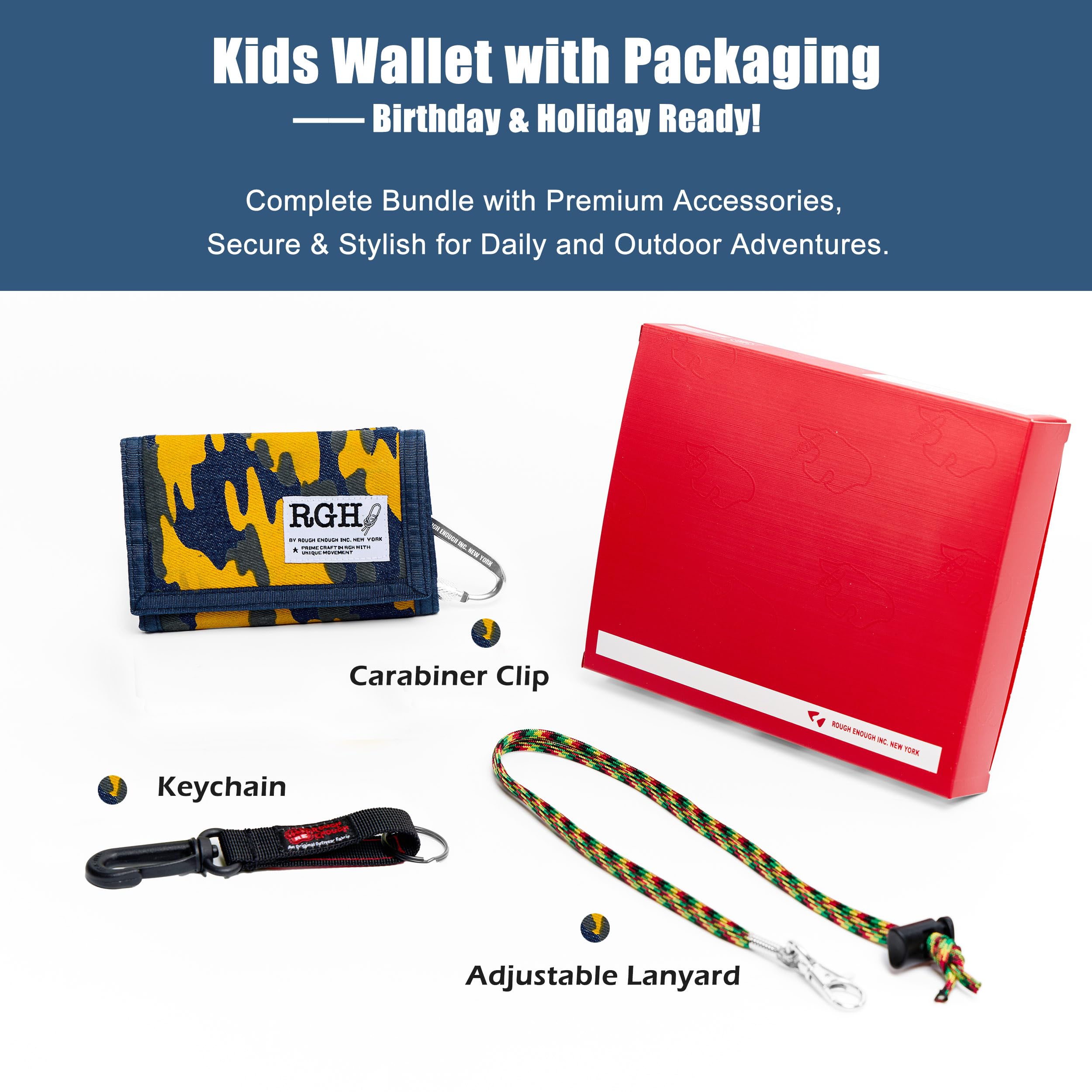 Rough Enough Kids Wallet for Teen Boys with Neck Lanyard Keychain Blue Yellow Camo Canvas Casual