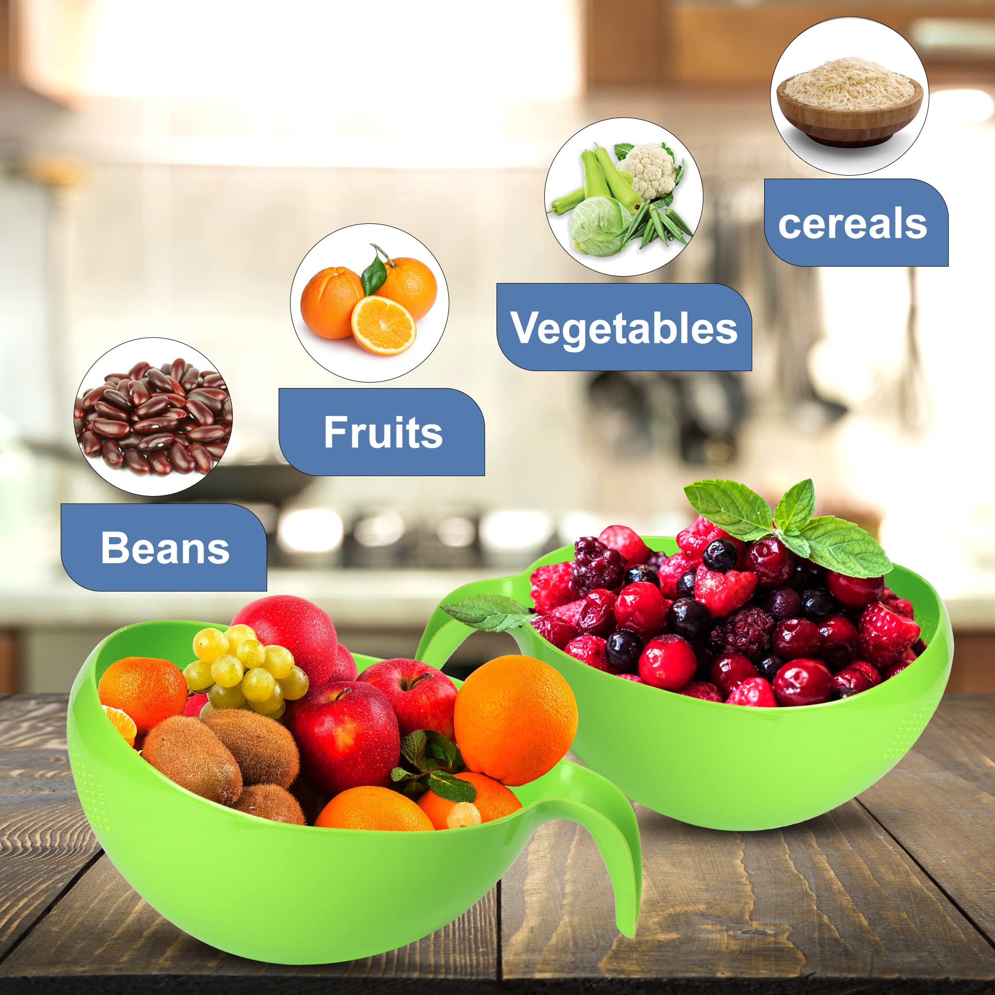KSJONE Heavy Duty Rijstwasmachine Zeef Vergiet Waskom met handvat Groente/Rijstwasmachine Zeef voor het reinigen van fruit, groenten en bonen 2,1 Qt (2L) (Groen