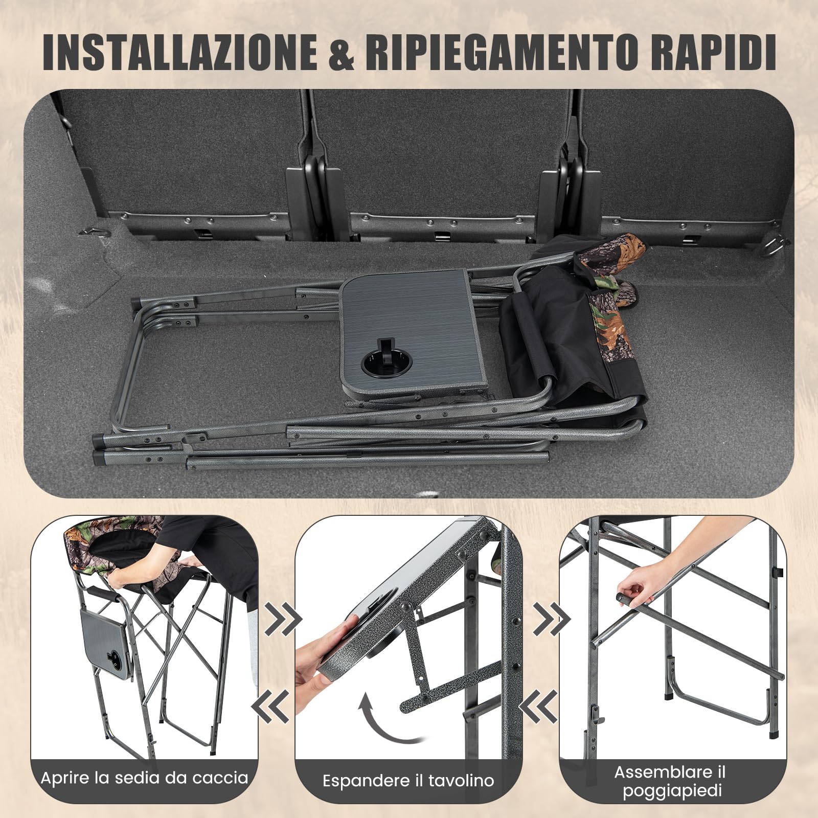 COSTWAY Set da Caccia Pieghevole per Esterno, Sedili da Caccia con Braccioli e Schienale, con Poggiapiedi Rimovibile, Tavolino Laterale, Supporto Fino a 150 kg