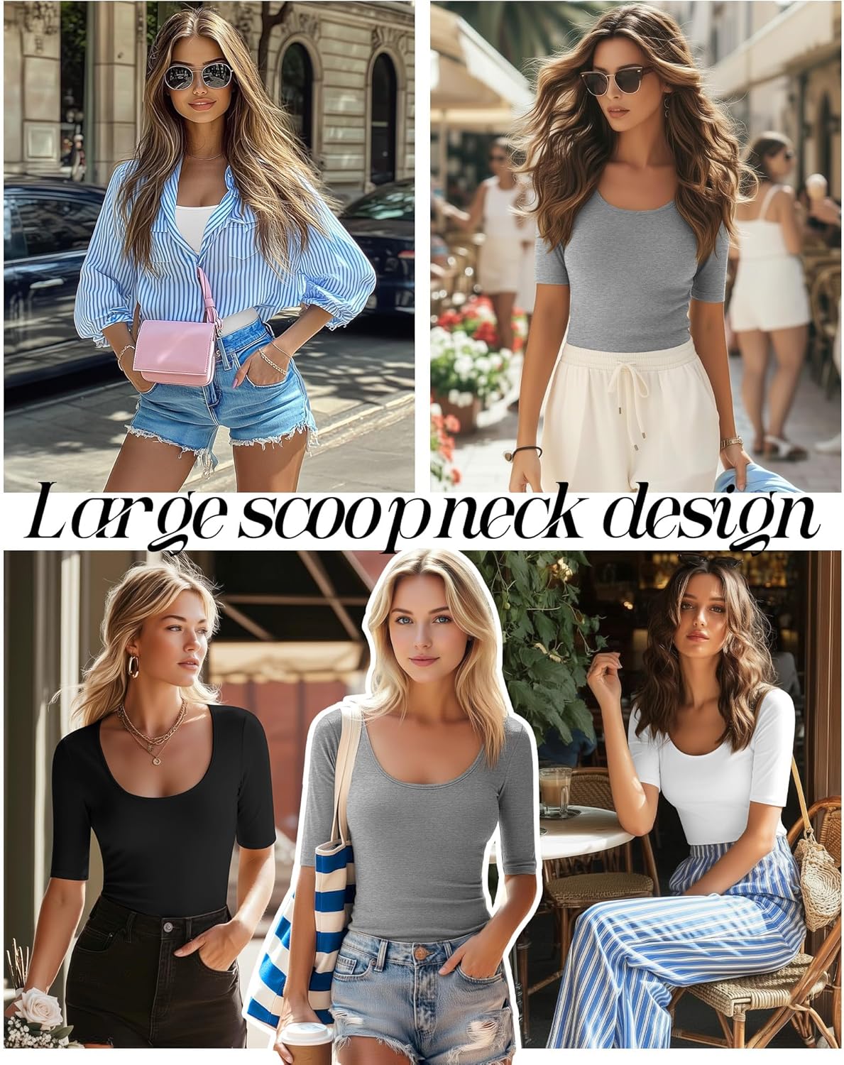 Neer 3 Pack Women's Scoop Neck Tops Half Sleeve Slim Fitted Cotton Blend Stretchy T-Shirts Tight Casual Basic Tees - Image 2