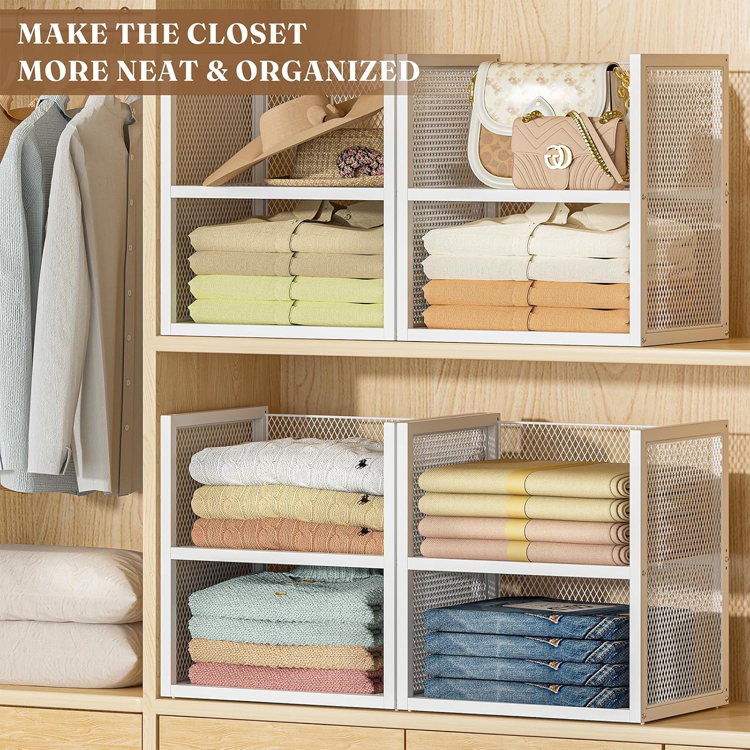 DAOUTIME 4-Tier Stackable Closet Organizers and Storage Basket, Wire Closet Shelf Organizer, Sweater Storage Oragnizer Bins, Multifunctional Clothes Storage Drawer Organizer for Wardrobe, White