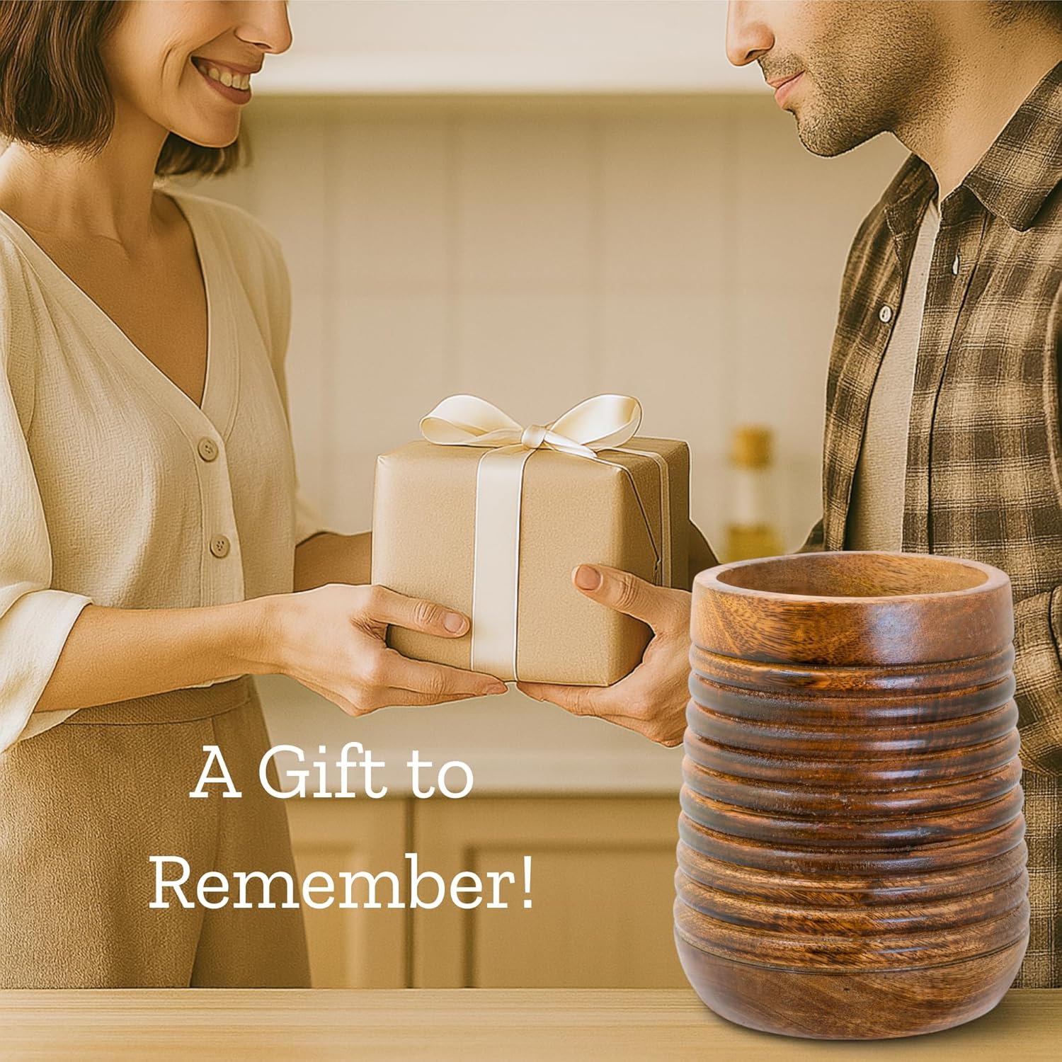 Mie Creations Rustic 7'' Large Utensil Crock Holder for Kitchen Countertop | Wooden Cooking Spatula Organizer for Party, Mother's Day Wood Utensils Caddy, Vintage Kitchen Counter Decor-Dark Brown