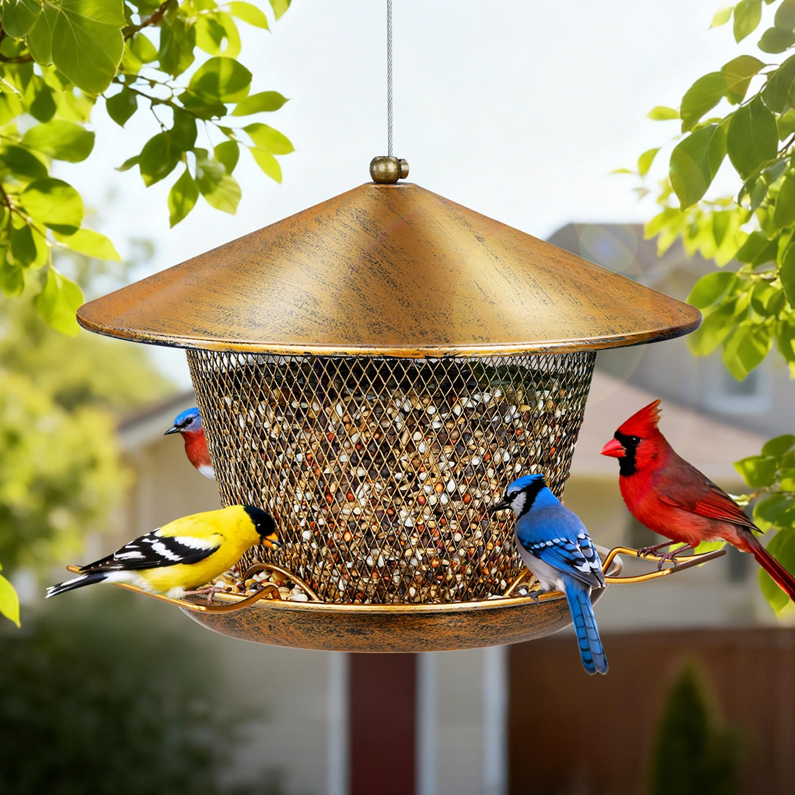 Samhe Bird Feeder for Outdoor Hanging, All Metal Weatherproof Wild Bird Feeder with 9.8" Roof, 3.5 LBs Seeds Capacity, Easy to Clean & Refill - image 7