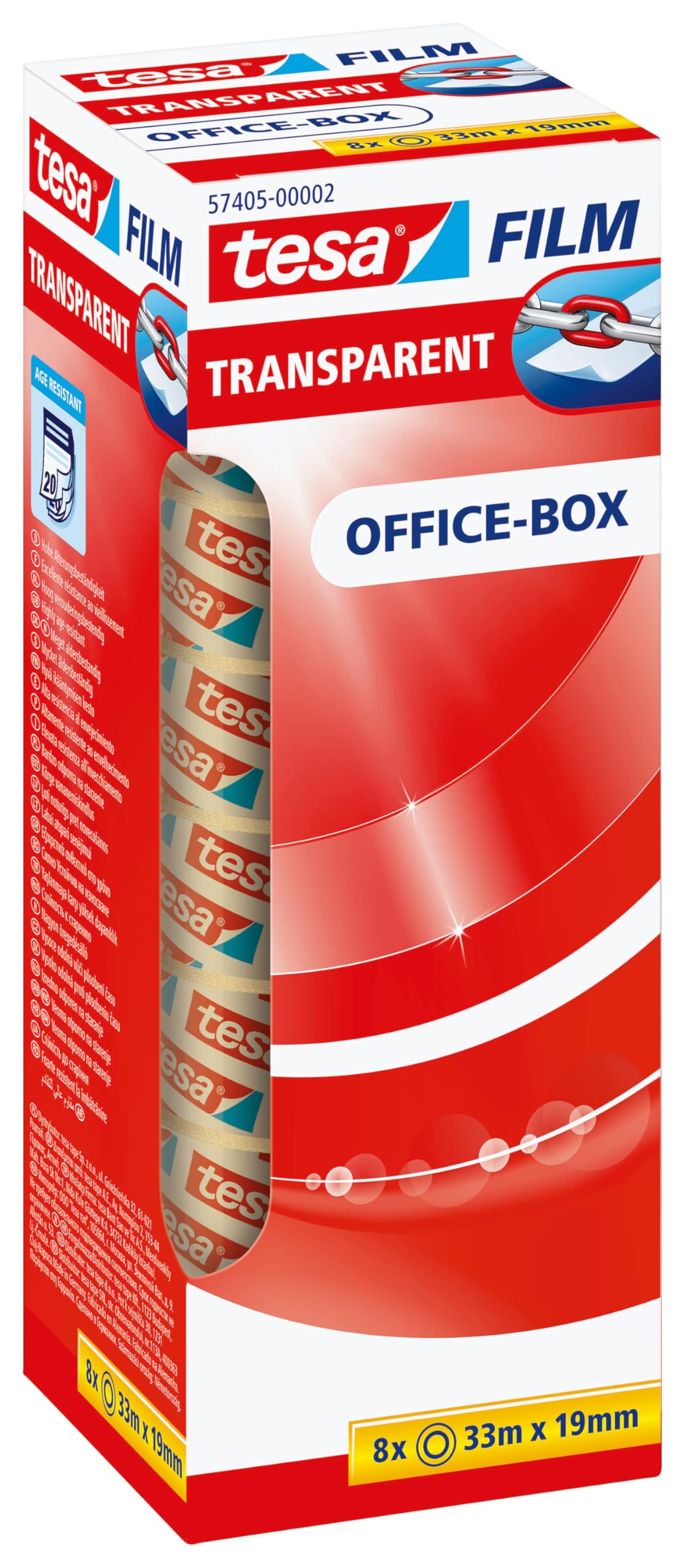 tesa tesafilm transparent - Transparentes Klebeband mit starker Haftung - alterungsbeständig und reißfest - 33 m x 19 mm - 8er Pack