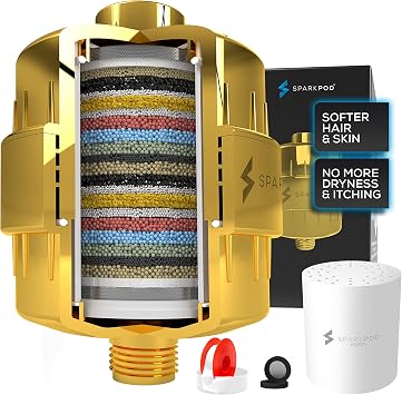 SparkPod 23 Stage Shower Head Filter for Dry Hair and Skin - High Output Universal Shower Filters to Remove Toxic Chemicals, Chlorine & Heavy Metals Egyptian Gold