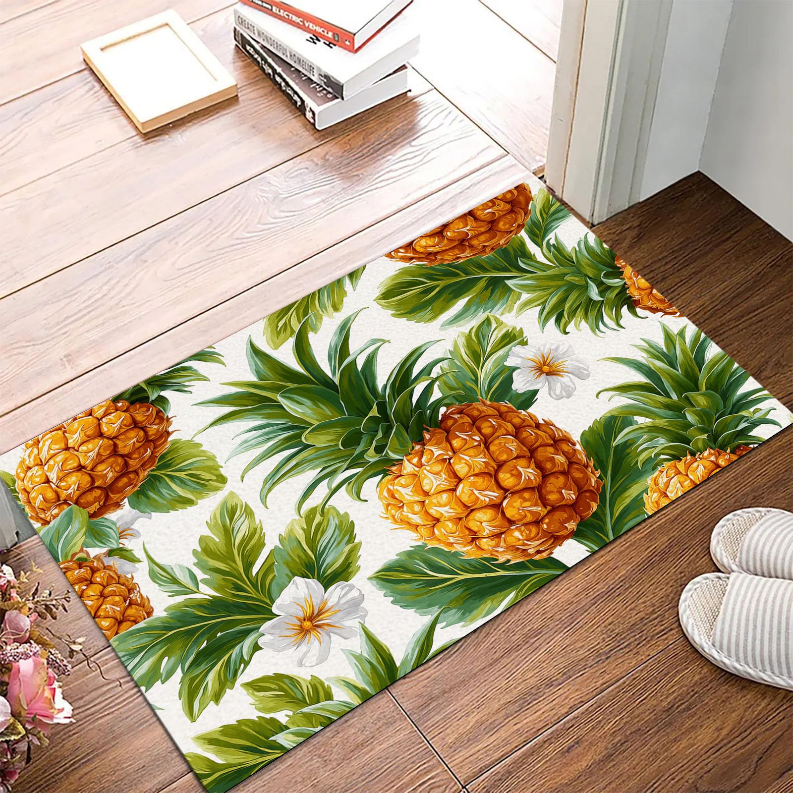 Paillasson de intérieur Antidérapant, Tapis de Tropical Charme, Tapis Salle de Bain Flanelle Douce, Absorbant l'eau, pour Cuisine (Ananas Plantes Et Fleurs, 80x120cm