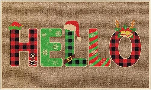 Felpudo para puerta con texto en inglés "Hello Christmas", antideslizante, con sombrero de Papá Noel, 29 x 17 pulgadas, tapete de invierno con copos