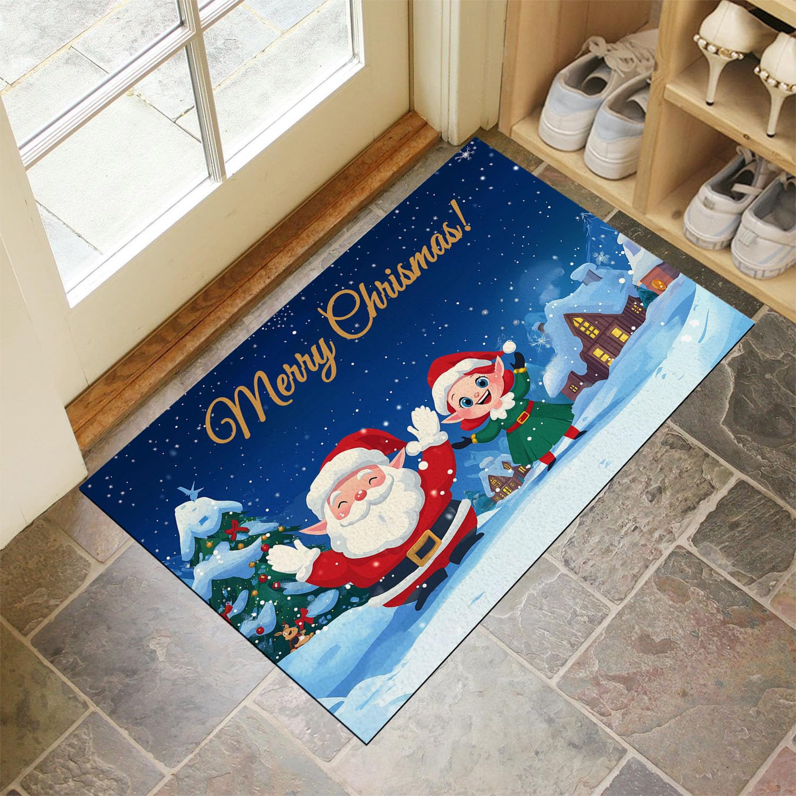 Felpudo Adorables Elfos Navideños Lavable, Alfombra Pequeña Pueblo De Dibujos Animados De 80X120Cm, Tapetes De Puerta Suaves Para Entrada, Alfombras De Entrada Antideslizantes Azul Marino De Pelo Bajo