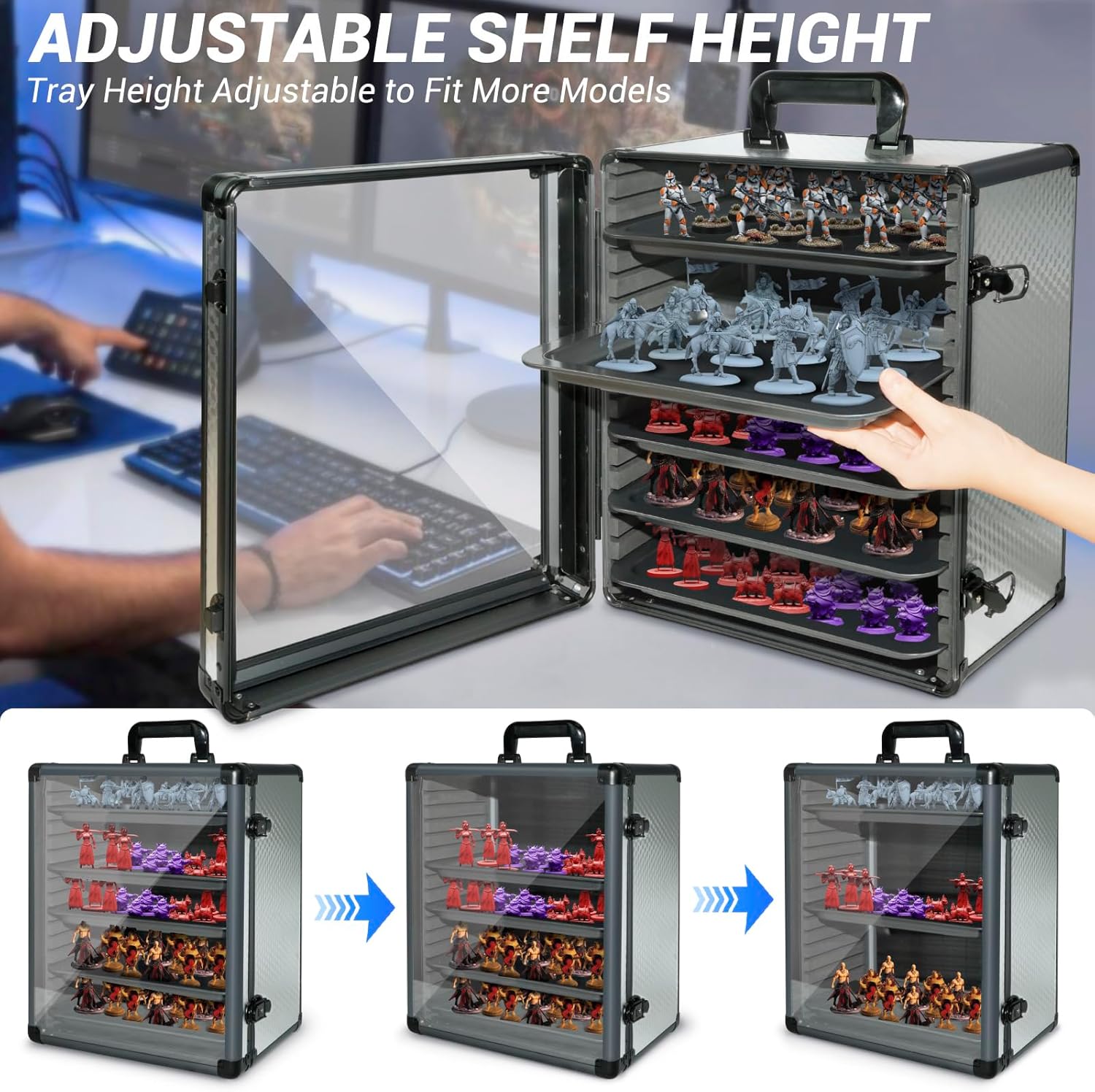 ORKELS Miniatures Storage Case with 5 Metal Tray, Clear Display Transport Case with Lock, Aluminum Alloy Frame Organizer for Mini Action Figures, Collectibles