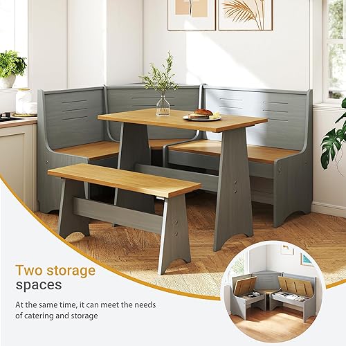Miniatura 5 de Juego de rincón de desayuno de 3 a 4 asientos en forma de L con almacenamiento oculto, juego de mesa de comedor y banco de cocina, ahorro de