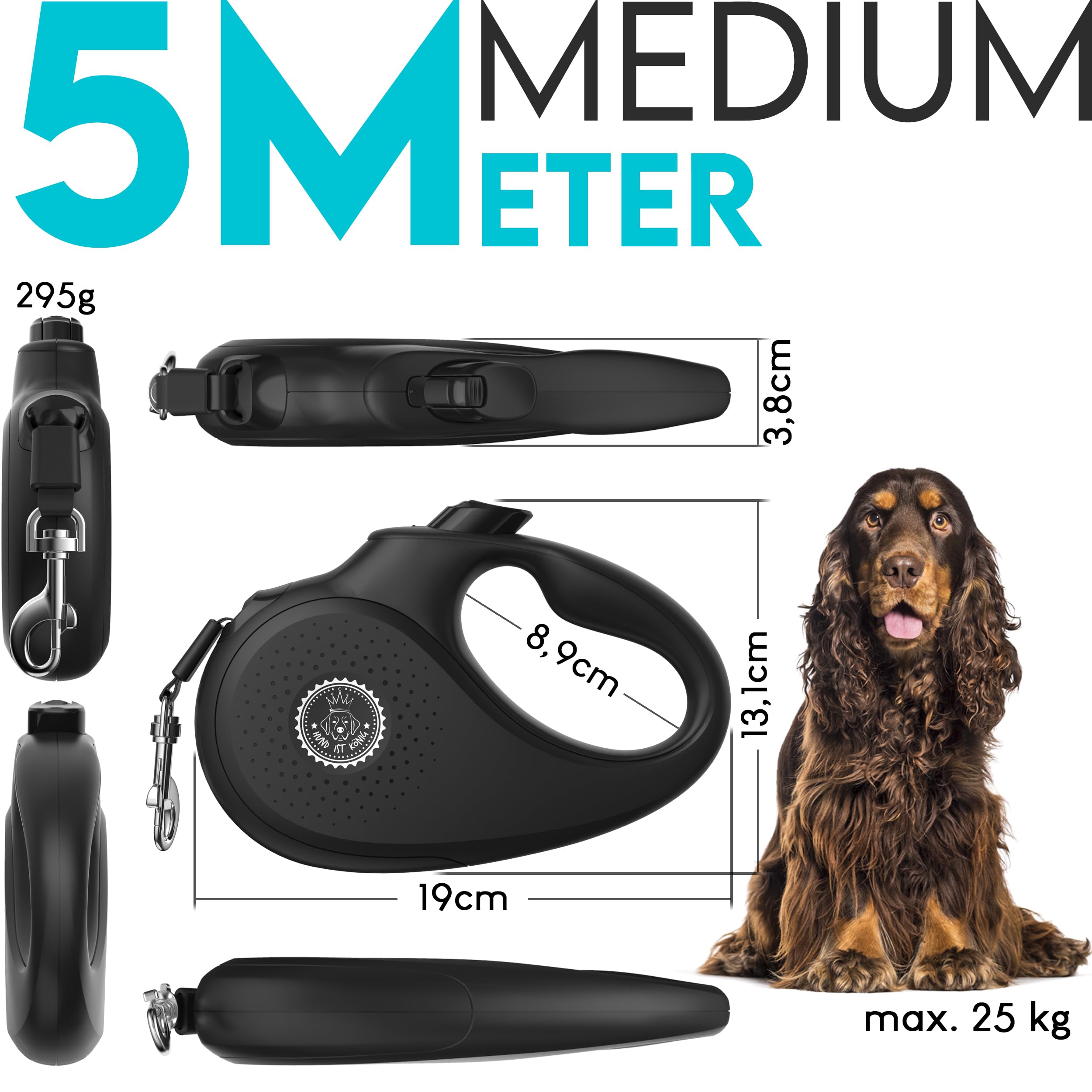 GYHWOFUL Ausziehbare Hundeleine 5 m – Rollleine Für Hunde & Katzen Bis 25 kg, Mit Anti-Rutsch-Griff, Einhand-Bremse & Verhedderungsfreiem Karabiner