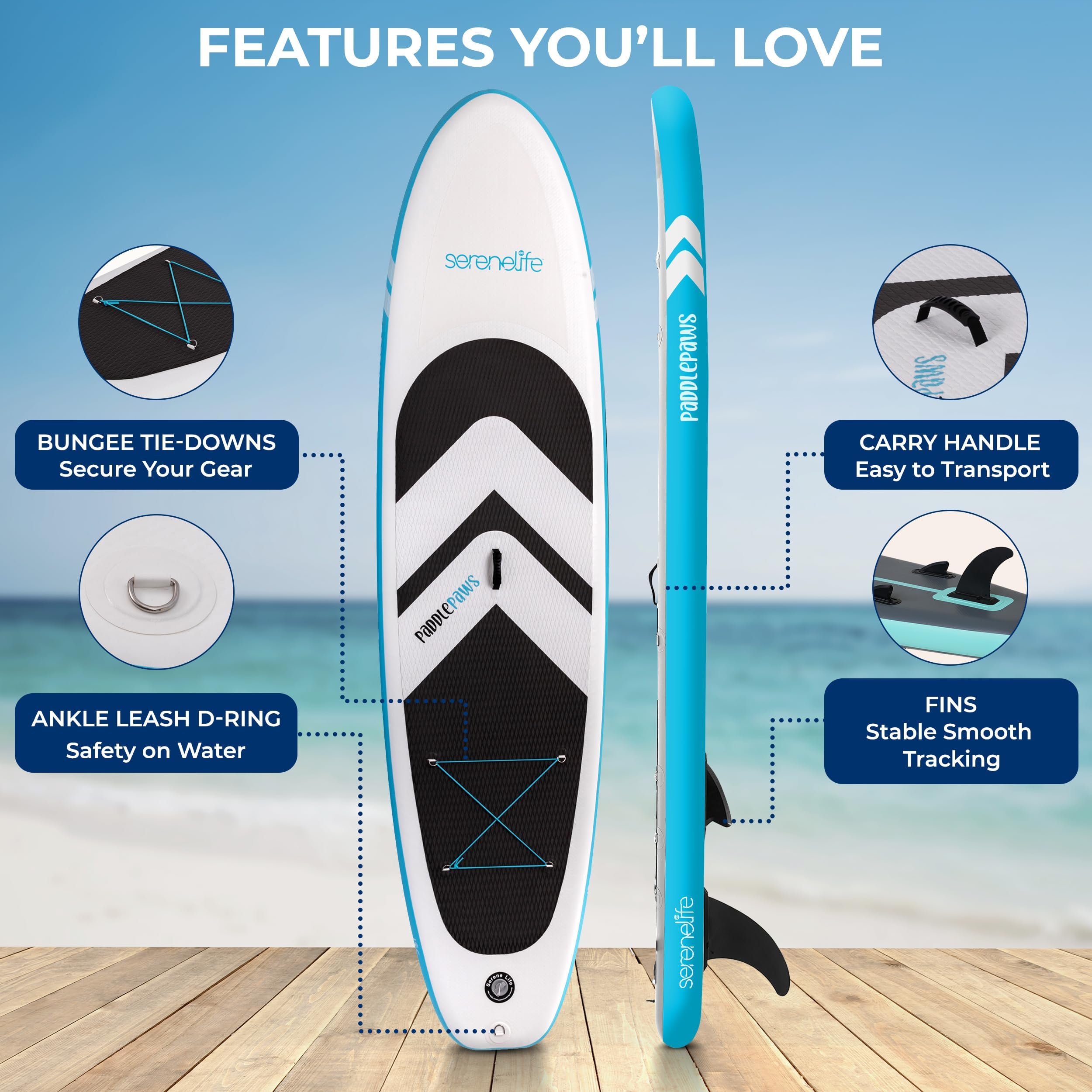 SereneLife dmuchana deska SUP 11’6” przyjazna dla zwierząt – paddleboard dla dorosłych i wspólnych przejażdżek ze zwierzętami – szerokość 35”, akcesoria premium SUP, udźwig 485 lbs
