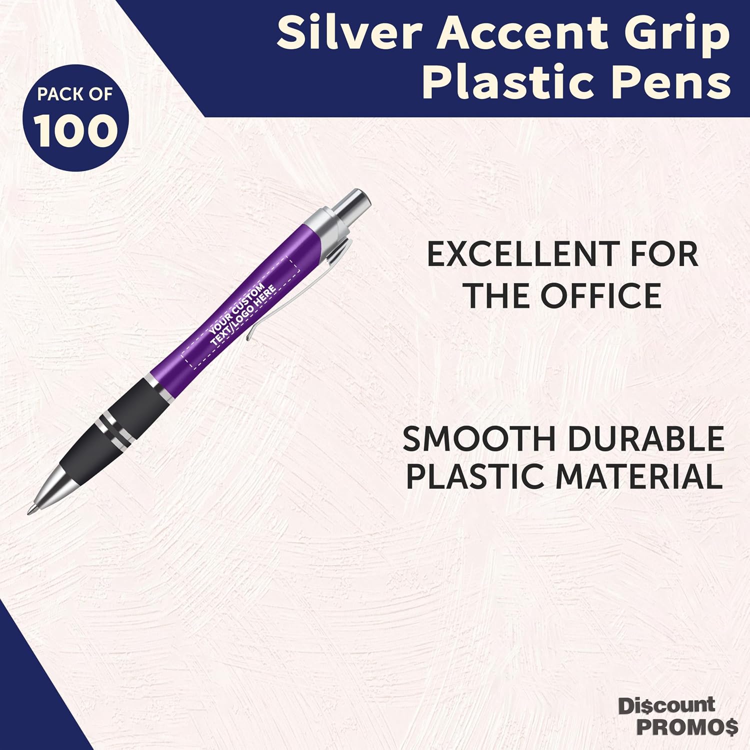 Personalized Plastic Pens Silver Accent Grip, Custom Logo & Text Printing, Pack of 100 by DISCOUNT PROMOS - Ideal for Business, Events & Trade Shows – Purple