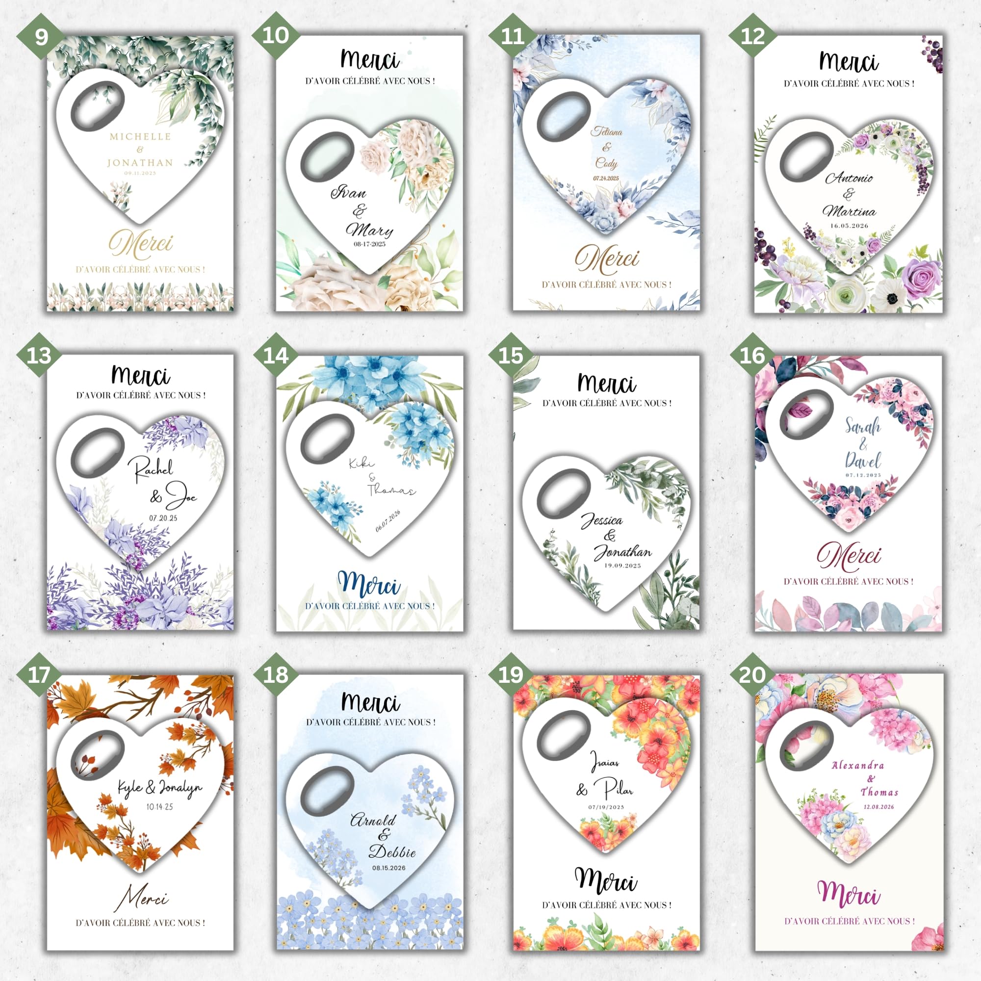 Cadeaux d’invités de mariage personnalisés, ouvre-bouteille aimanté en forme de cœur avec carte de remerciement, cadeau pour invités de bridal shower (lot de 30)