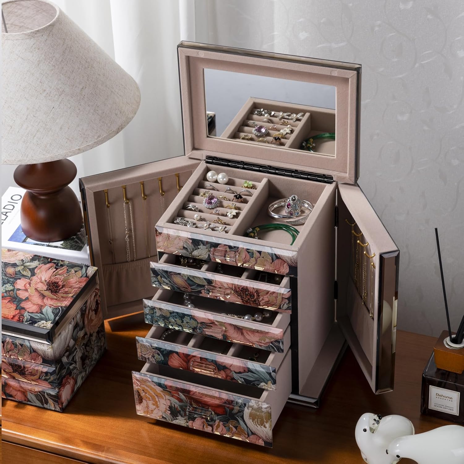 High End Glass Jewelry Box, 5 Layer Jewelry Organizer for Women, Side Doors & Mirror, Velvet-Lined Storage for Rings & Necklaces, Mothers Day Gifts for Mom (Peony)