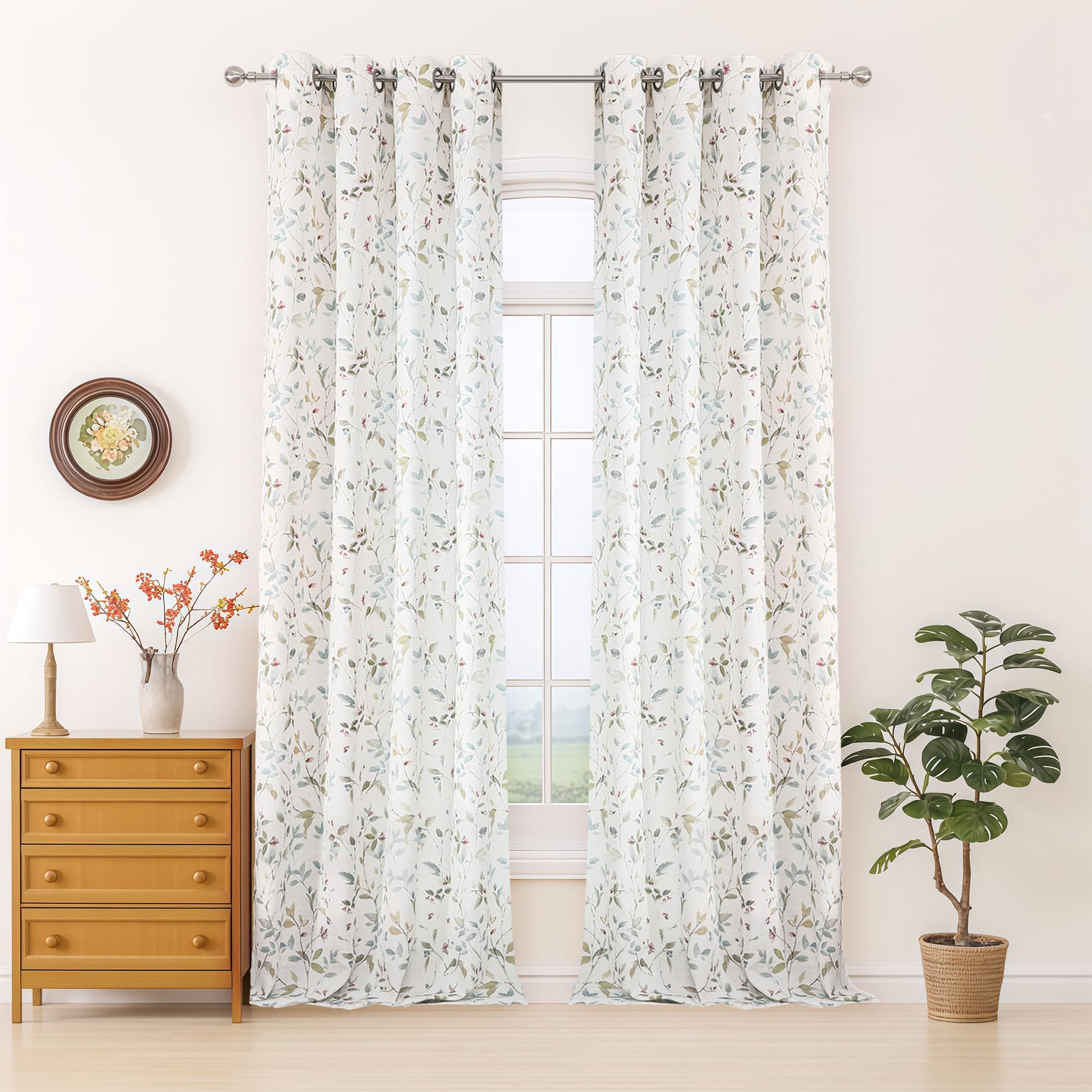 Simplebrand Natural Floral Printed Curtains,Vintage Cottage Core Flower Leaf Botanical Cottagecore Patterned Farmhouse Curtains for Bedroom Living Dining Room 140 x 245 CM 2 Panel Set