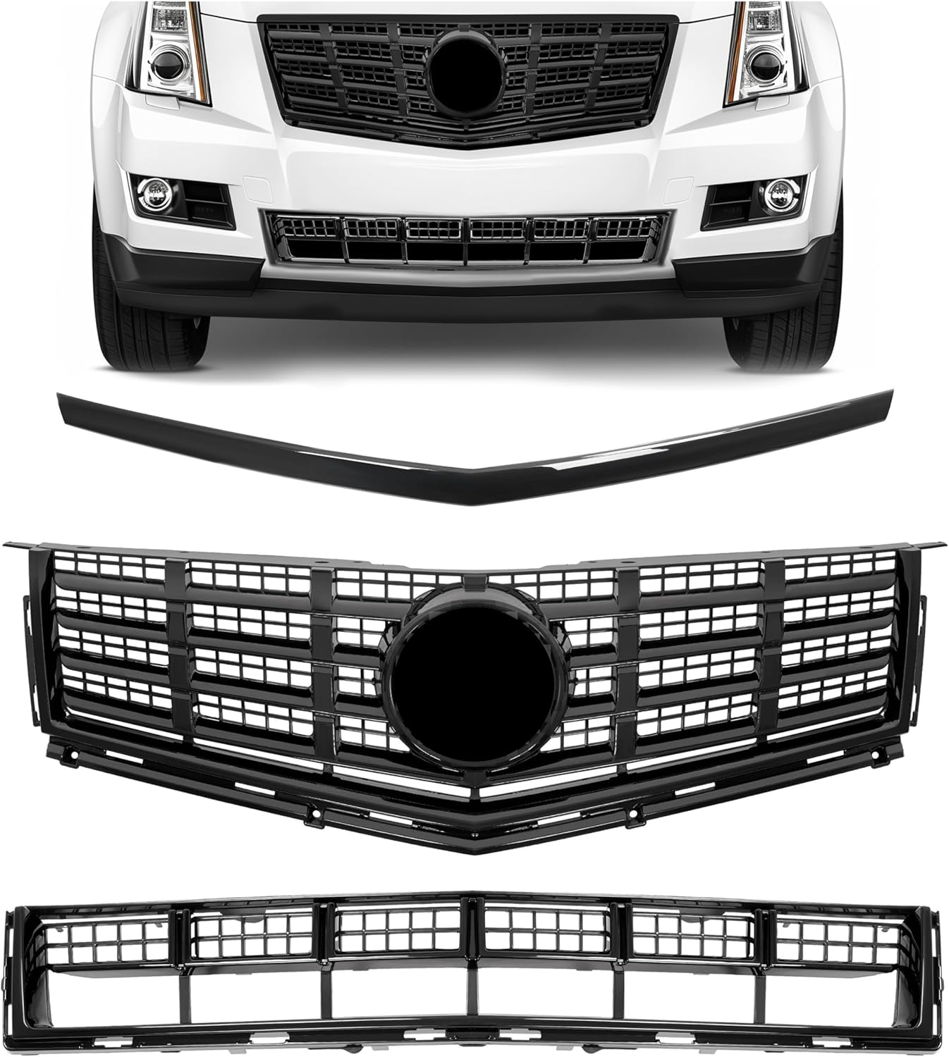 HECASA Front Bumper Upper Grille+Lower Grille+Hood Molding Compatible with 2013-2016 Cadillac SRX Replacement for 22738992 22774203 GM1235120 Black