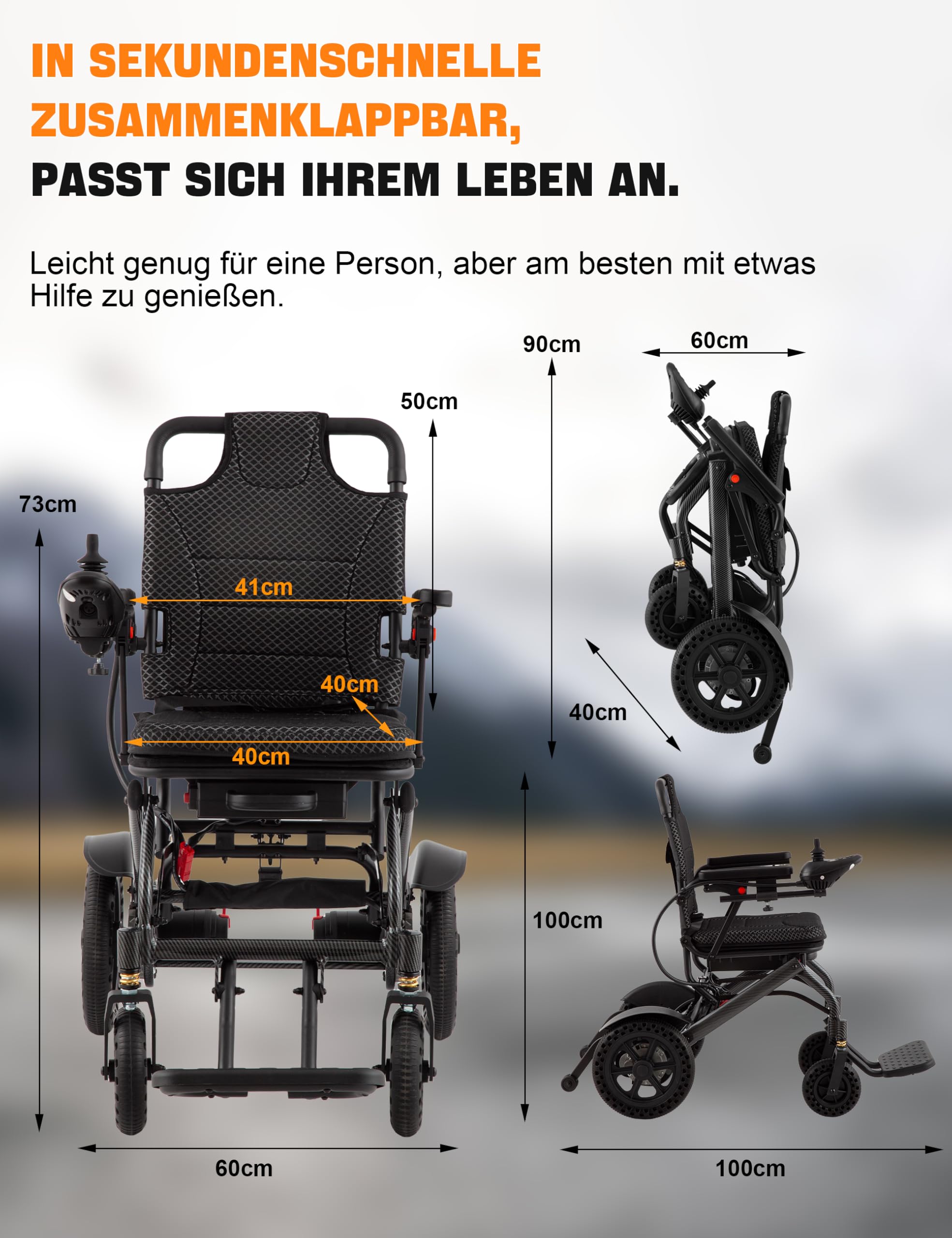 Silla de ruedas eléctrica plegable ligera, sillas de ruedas eléctricas, alcance de 20 km, sistema de frenado doble, neumáticos a prueba de pinchazos de hasta 120 kg, andador eléctrico para personas