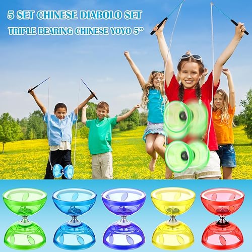 Miniatura 5 de Hungdao Juego de 5 juegos de diábolo chino con triple rodamiento chino Yoyo de 5 pulgadas, varios colores, Diábolo grande con 5 pares de palos de