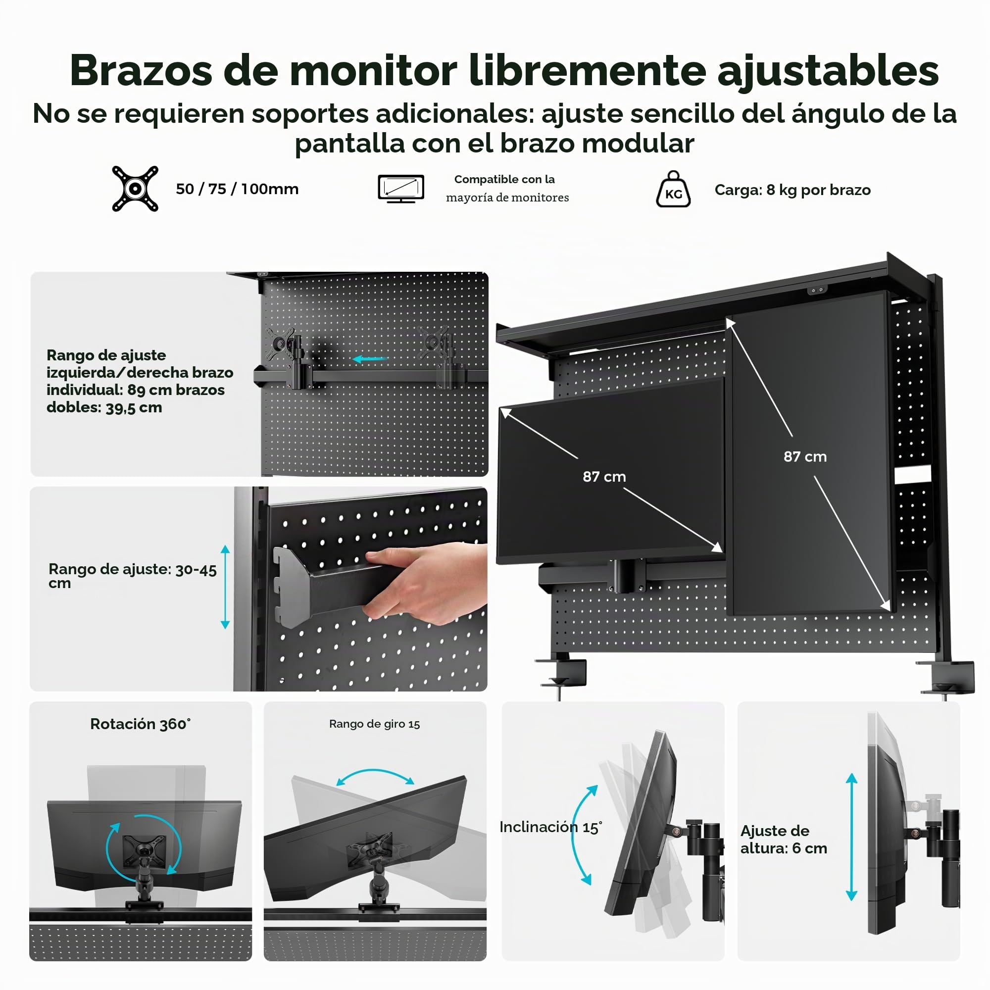 EUREKA ERGONOMIC Tablero de clavijas de escritorio, tablero de clavijas de acero con soporte para monitor doble, accesorios de escritorio de computadora para oficina, panel de privacidad para