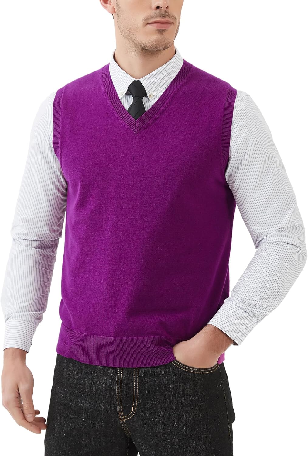 Kallspin Men's Pure Cotton Sweater Vest V Neck Regular Fit Knit Sleeveless Pullover Sweater