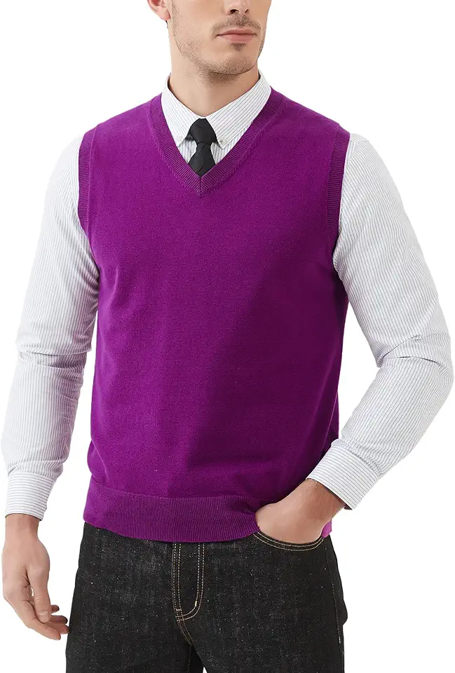 Kallspin Men's Pure Cotton Sweater Vest V Neck Regular Fit Knit Sleeveless Pullover Sweater