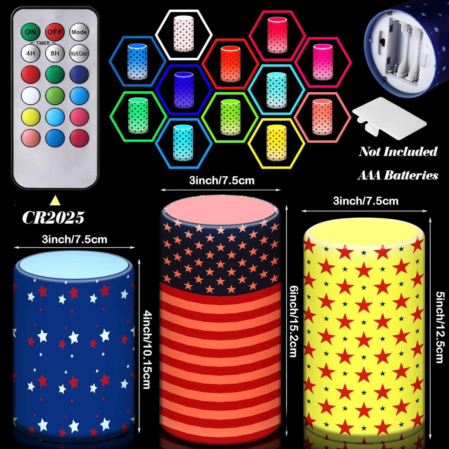 Retisee 3 Pcs Patriotic American Flag Flameless Candles 4th of July Battery Operated Candles Independence Day 250th Anniversary LED Pillar Candle for American Memorial Day Decor with Remote Control
