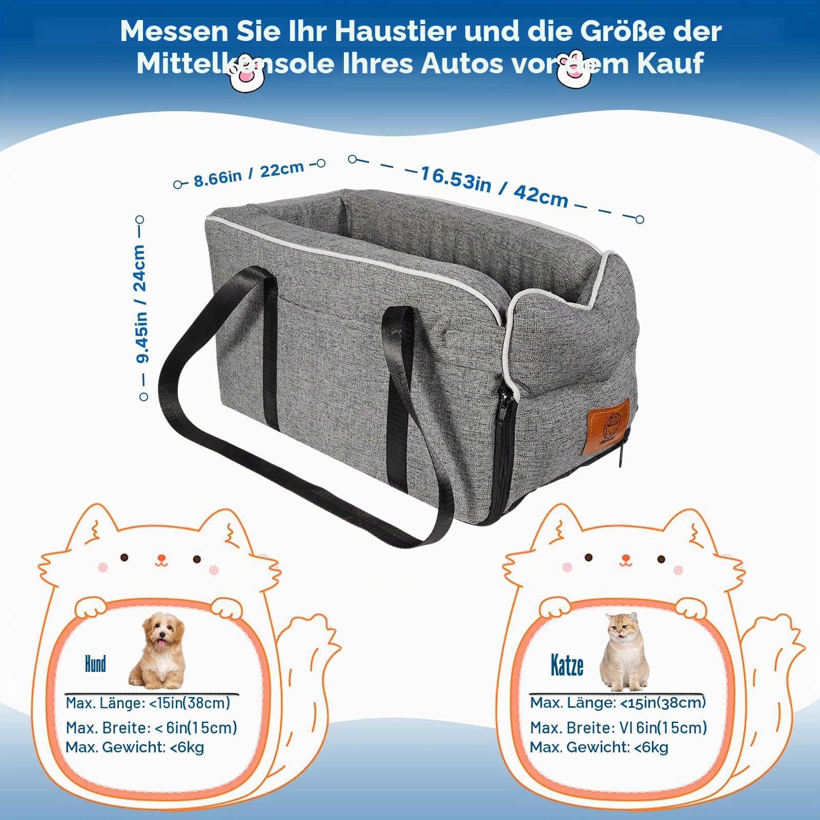 Hundeautositz für kleine Hunde bis 5.4kg | Universal Mittelkonsole Auto-Sitz | Abnehmbar waschbar | Reisesicherheit Haustiersitz
