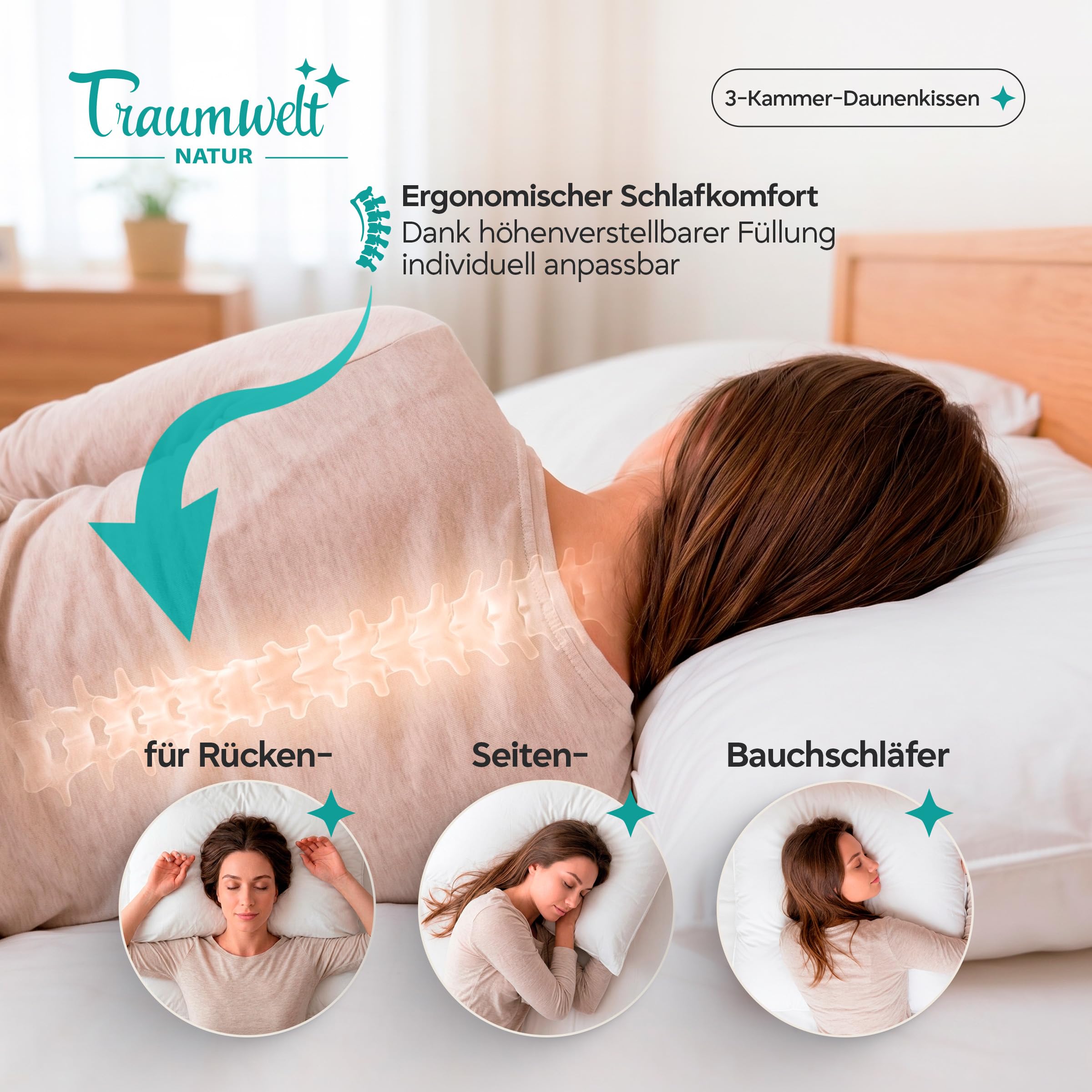Made in Germany 3-Kammer-Daunenkissen 80x80 cm, höhenverstellbar mit Reißverschluss, außen 90% Daunen, innen Primaloft, Allergiker geeignet, Oeko-TEX Standard 100 Klasse 1