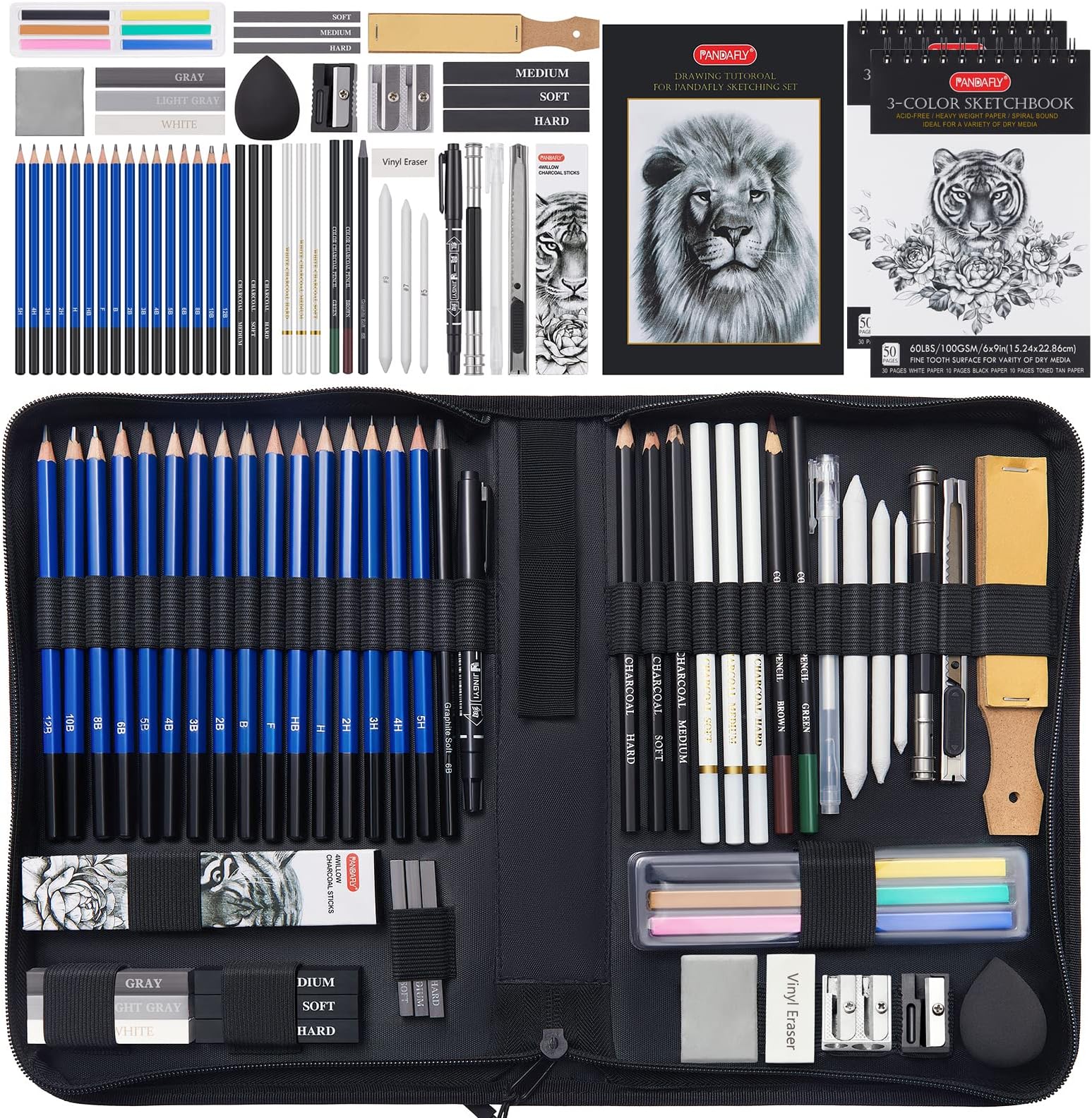PANDAFLY 60 Pack Drawing Sketching Pencil Set, Pro Art Sketch Supplies with 3-Color Sketchbook, Graphite, Charcoal Pencil, Ideal for Shading, Blending, Drawing Set for Beginners Artists