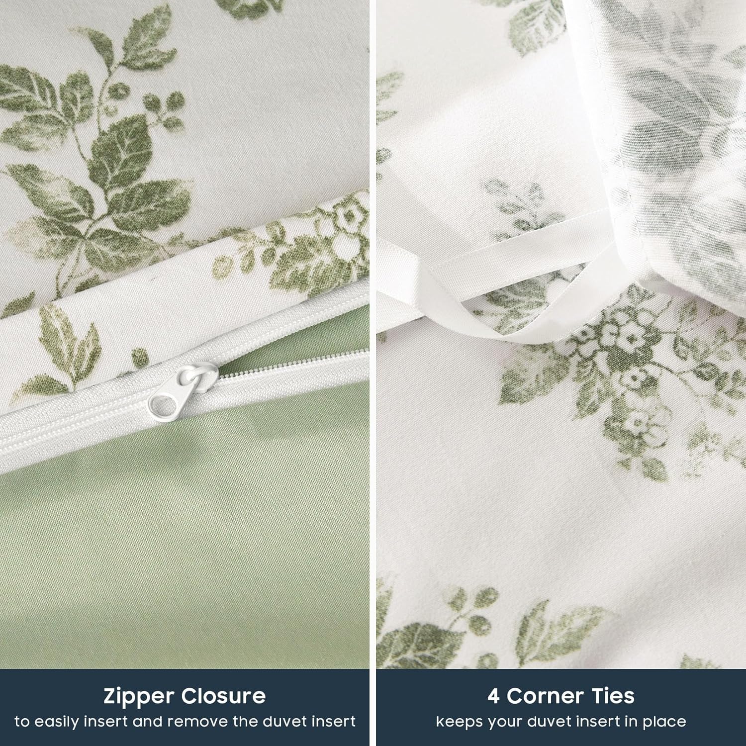 Wake In Cloud - Cottagecore Duvet Cover Set, Floral Vintage Flower Shabby Chic Coquette Aesthetic for Women Teen Girls, Soft Lightweight Bedding, 3-Piece, Sage Green, Queen Size - Image 7
