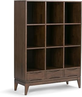 SIMPLIHOME Harper SOLID HARDWOOD 42 Inch Mid Century Modern Cube Storage Bookcase with Drawers in Walnut Brown, For the Living Room, Study Room and Office