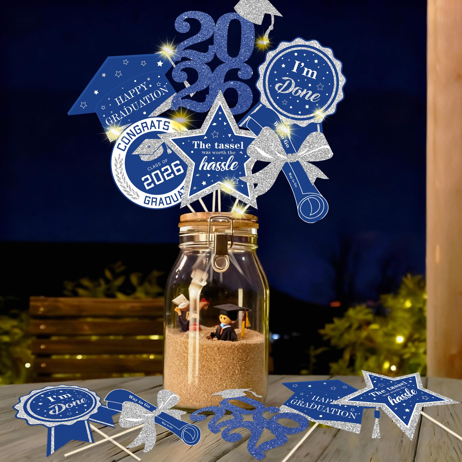 Graduation Decorations for Class of 2026-30pcs Glitter Blue Silver Graduation Table Centerpieces Sticks with LED String Light for College High School