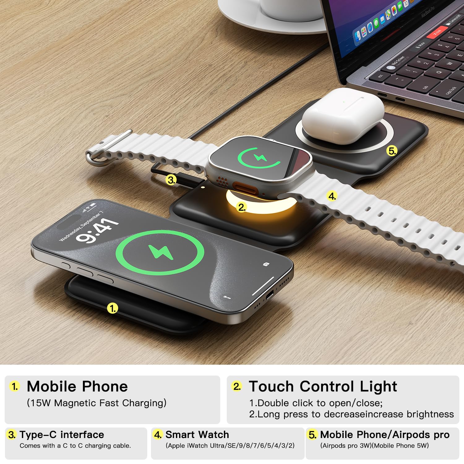 ESSAGER Caricatore Wireless 3 in 1 Stazione Ricarica Qi Stazione di Ricarica Induttiva Pieghevole per Cuffie Wireless, Apple Watch iPhone 15/14/13/Pro/Max/X/XS/XR/8/8Plus (Nero 3in1)