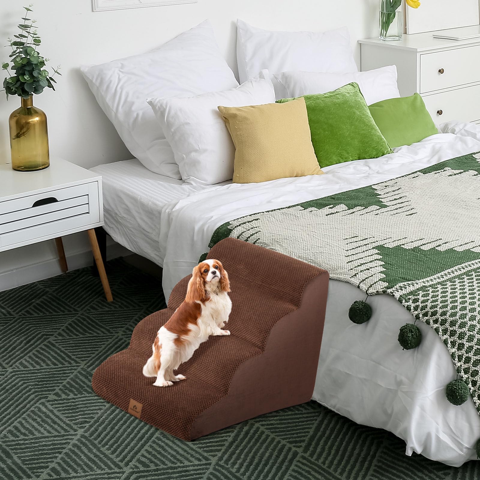 SOARS Scaletta per Cani a 4 Gradini in Spugna, Rampa per Animali Copertura Rimovibile e Lavabile Antiscivolo con Spazzola, Scala per Divano e Letto, per Cuccioli e Anziani, 72 x 41 x 51 cm (Marrone)