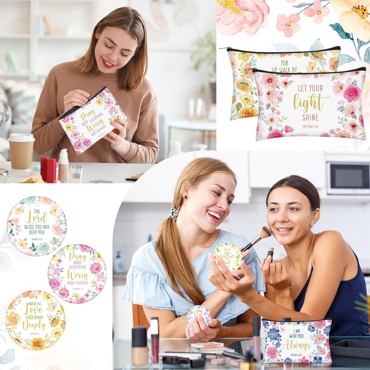 Geelin 24 Pcs Christian Gifts Bulk for Women 12 Floral Religious Canvas Makeup Bags 12 Bible Verse Compact Mirrors Inspirational Church Party Gifts for Women Mother Sister