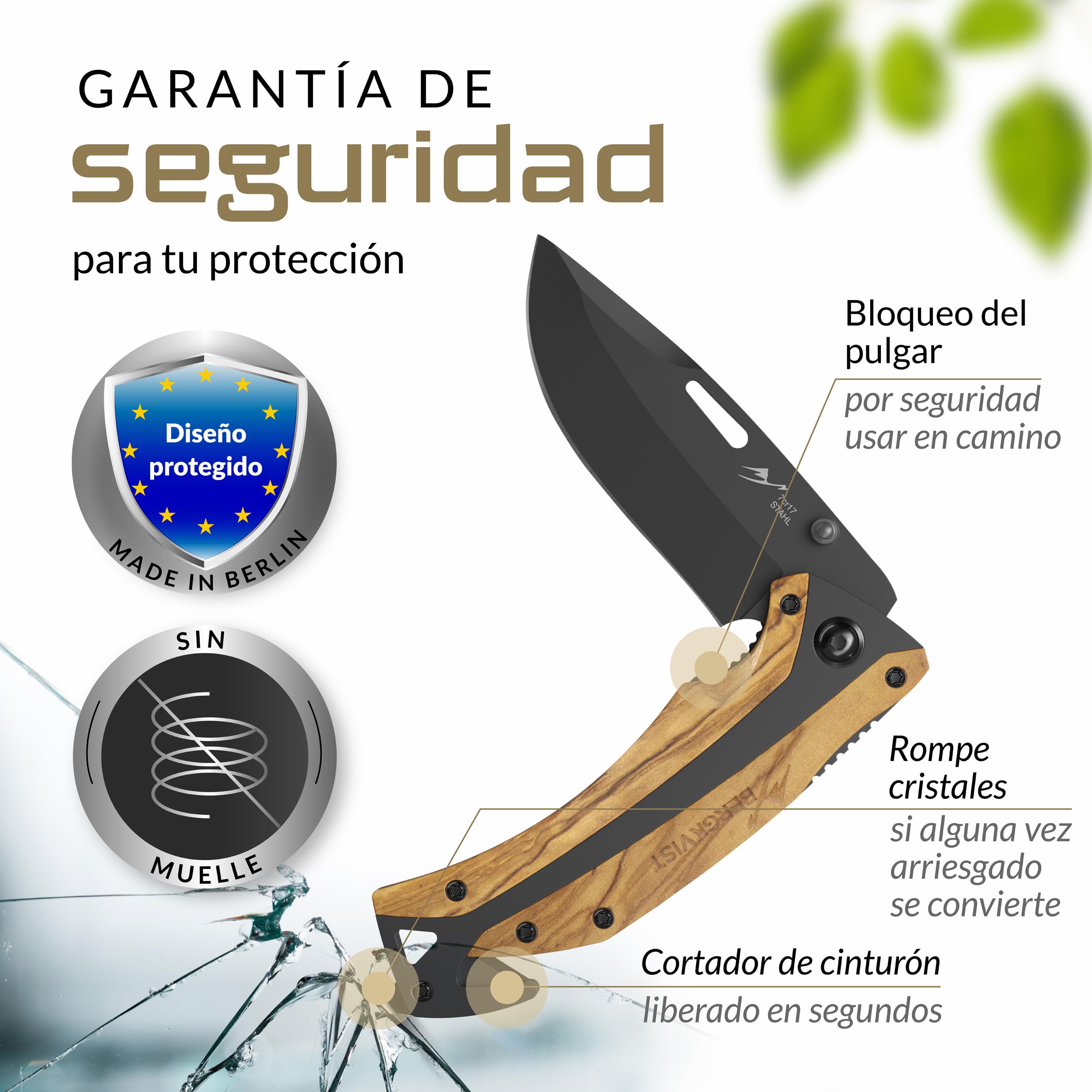 BERGKVIST® K29 Cuchillo plegable Titanium [navaja de bolsillo 3 en 1] | Navaja con rompecristales y cortacinturones, Bronze A' Design Award, mango de madera de olivo
