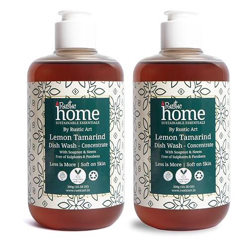 Rustic Home Lemon Tamarind Dish Wash Concentrate | Plant-Based & Natural | Soapnut & Neem | Converts to ~3 L Liquid | Tough on Grease, Gentle on Hands | Sulphate & Paraben Free | 300g (Pack of 2)