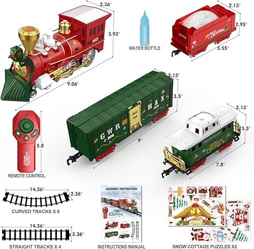 Miniatura 7 de Hot Bee Juego de tren de Navidad, tren de control remoto para juguetes de tren de árbol de Navidad con humo realista, luces y sonidos, tren de