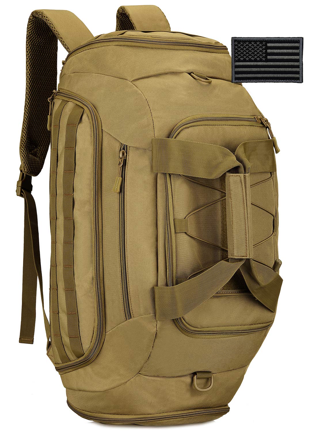 Protector Plus Tactical Duffle Bag Men Sports Gym Backpack Military MOLLE Luggage Suitcase Travel Camping Outdoor Rucksack (Rain Cover & Patch Included), Brown, 45L