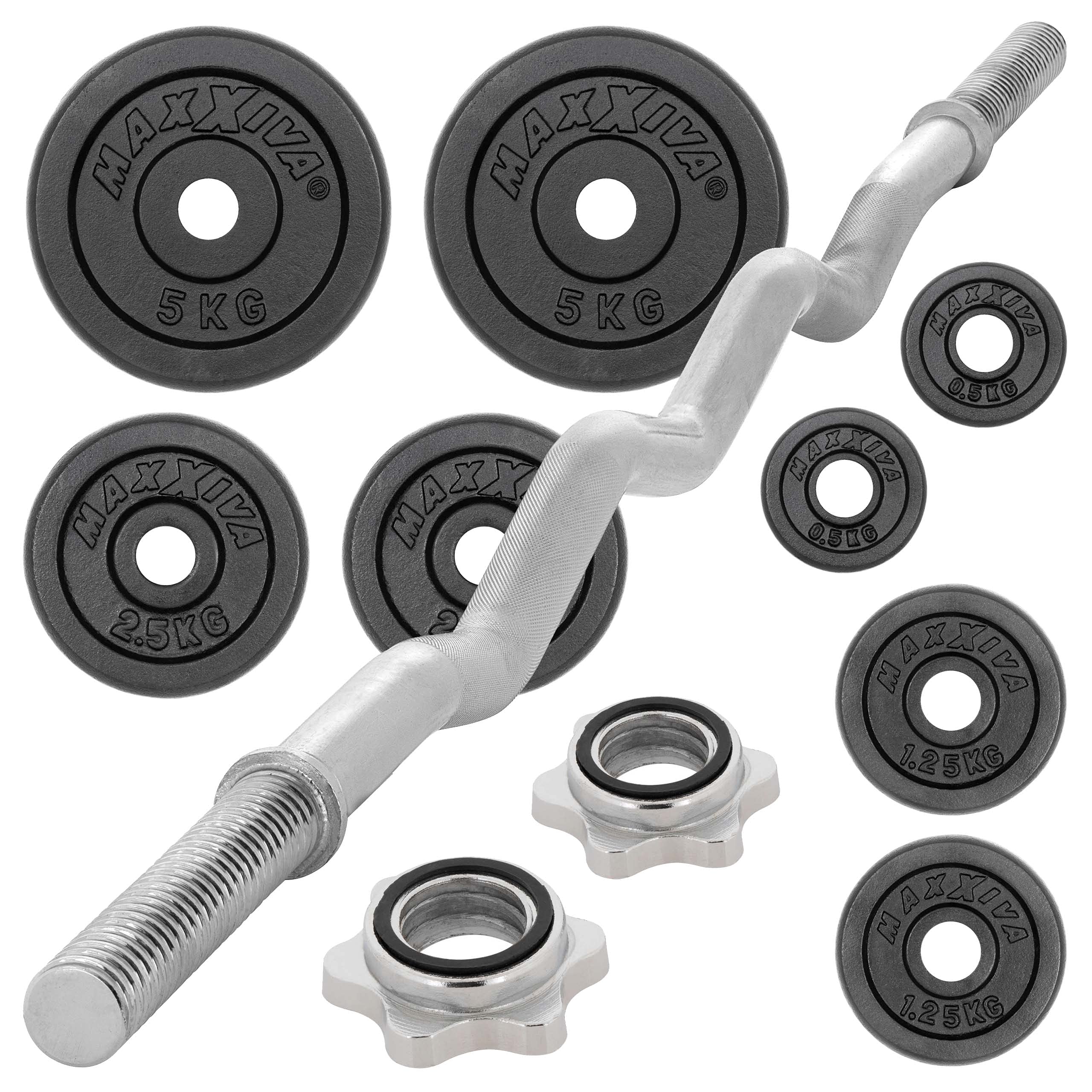 Curl-Set 120 cm 26 kg 8 Gewichte Gusseisen Krafttraining Zugstange silber verchromt Workout Bodybuilding Fitness Sternverschlüsse Gewichtheben
