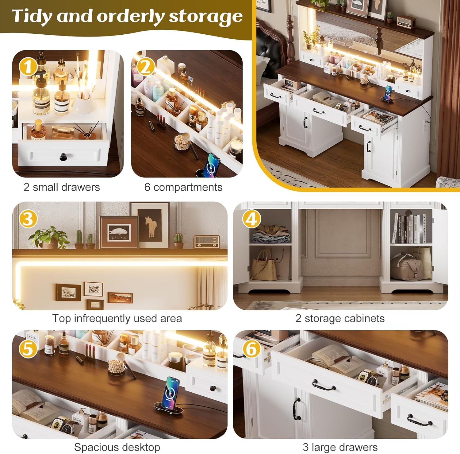 Image showing various features of the multi-functional dressing table, including adjustable partitions, exquisite grips, and sliding drawers.