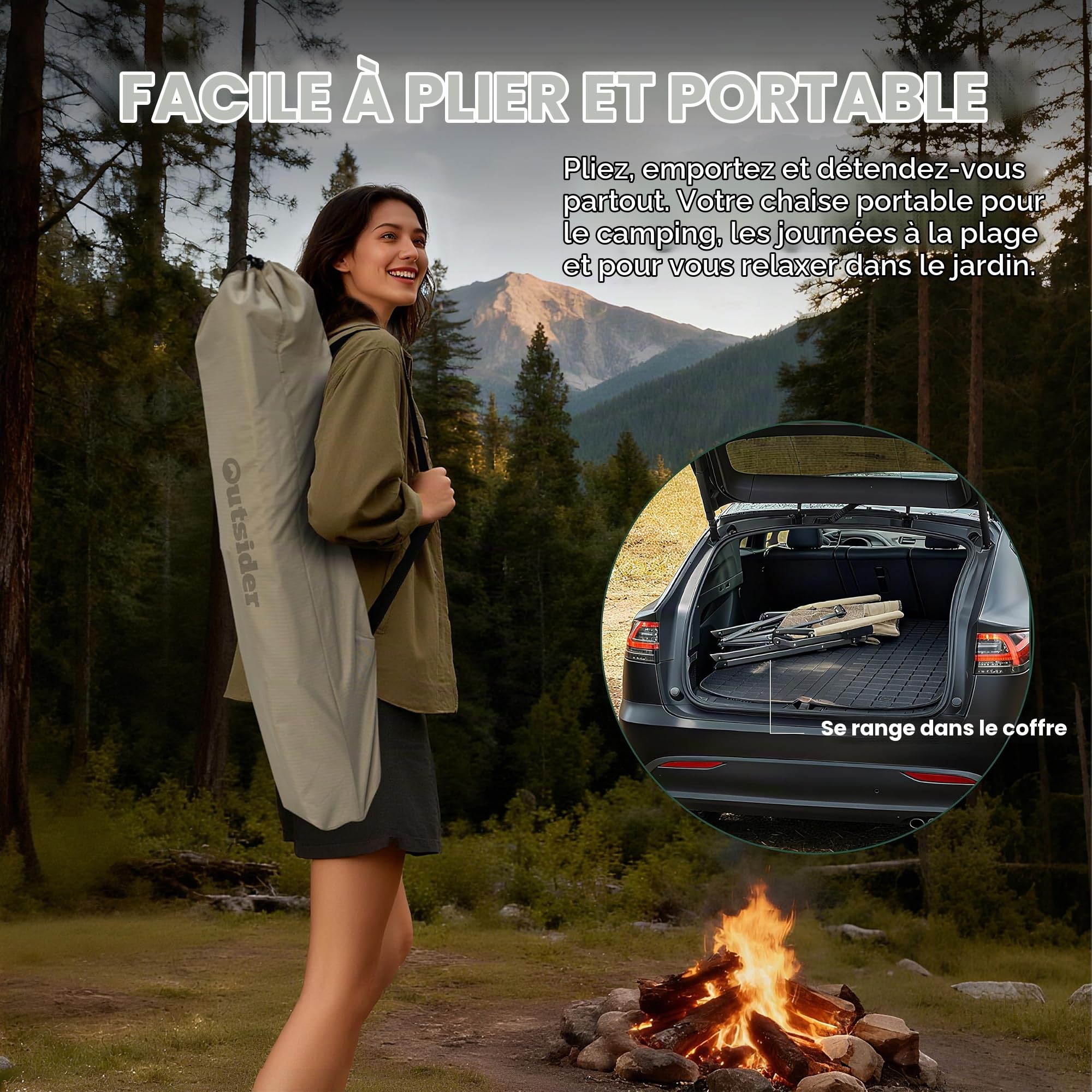 OUTSIDER Fauteuil Pliable – Dossier 3 Pos, 150 kg | Mesh aéré, Oxford 600D, housse incluse. Dossier 3 pos réglable. 150 kg. Pour camping, pêche, jardin, balcon. Garantie 1 an.