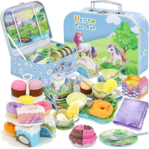 Juego de fiesta de té para niñas pequeñas, 50 piezas, princesa, caballo, tiempo de té, juguete que incluye golosinas para jugar, bandeja de tetera,