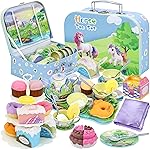 Tea Party Set for Little Girls,50PCS Princess Horse Tea Time Toy Including Food Sweet Treats Playsets,Teapot Tray Cake,Tablecloth & Carrying Case,Kids Kitchen Pretend Play for Girls Boys Age 3 4 5 6