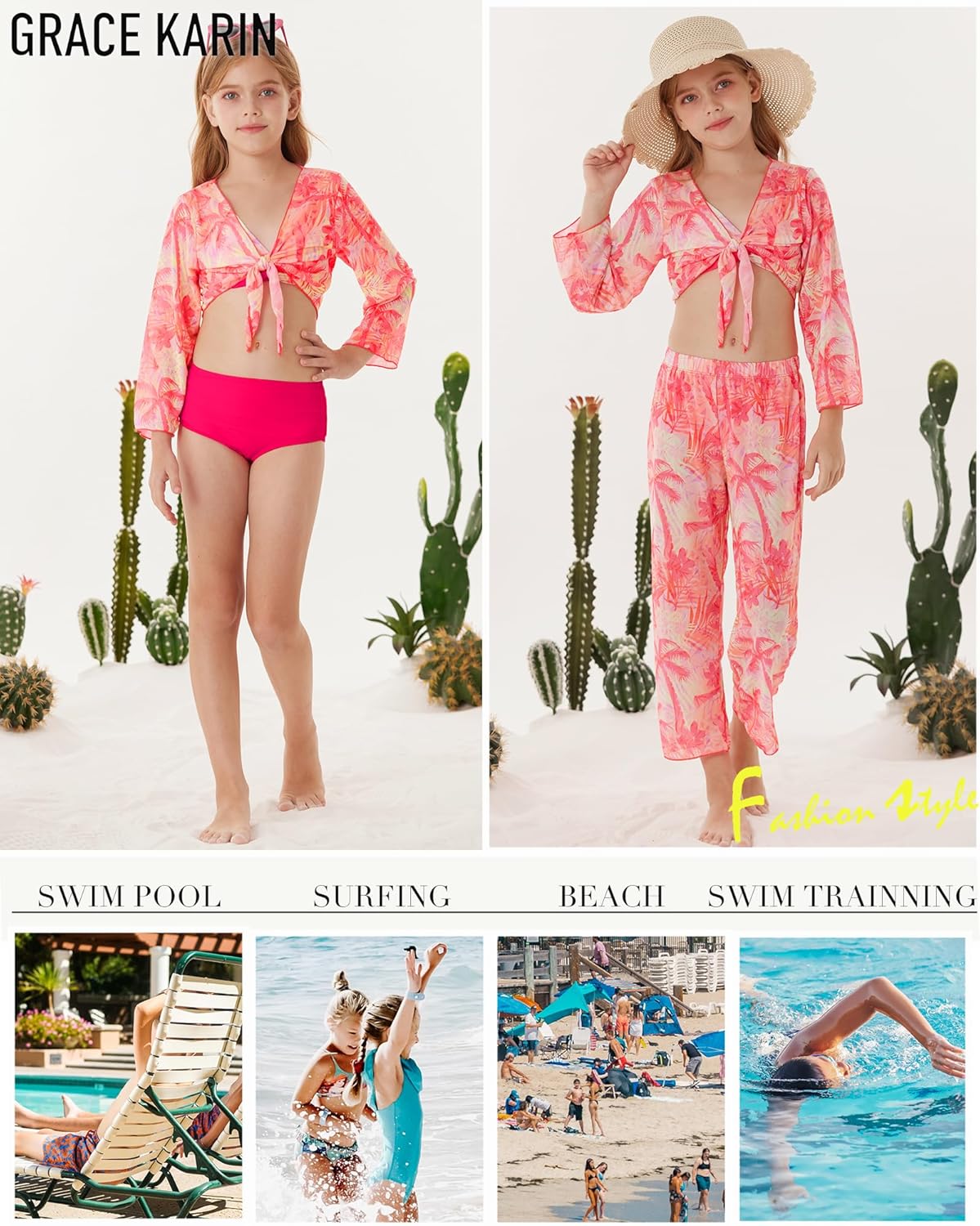 GRACE KARIN Teen Girls Bathing Suits Kids 4 Piece Long Sleeve Swimsuit Kimono Up Pants Bikini Tankini Set Swimwear - Image 2